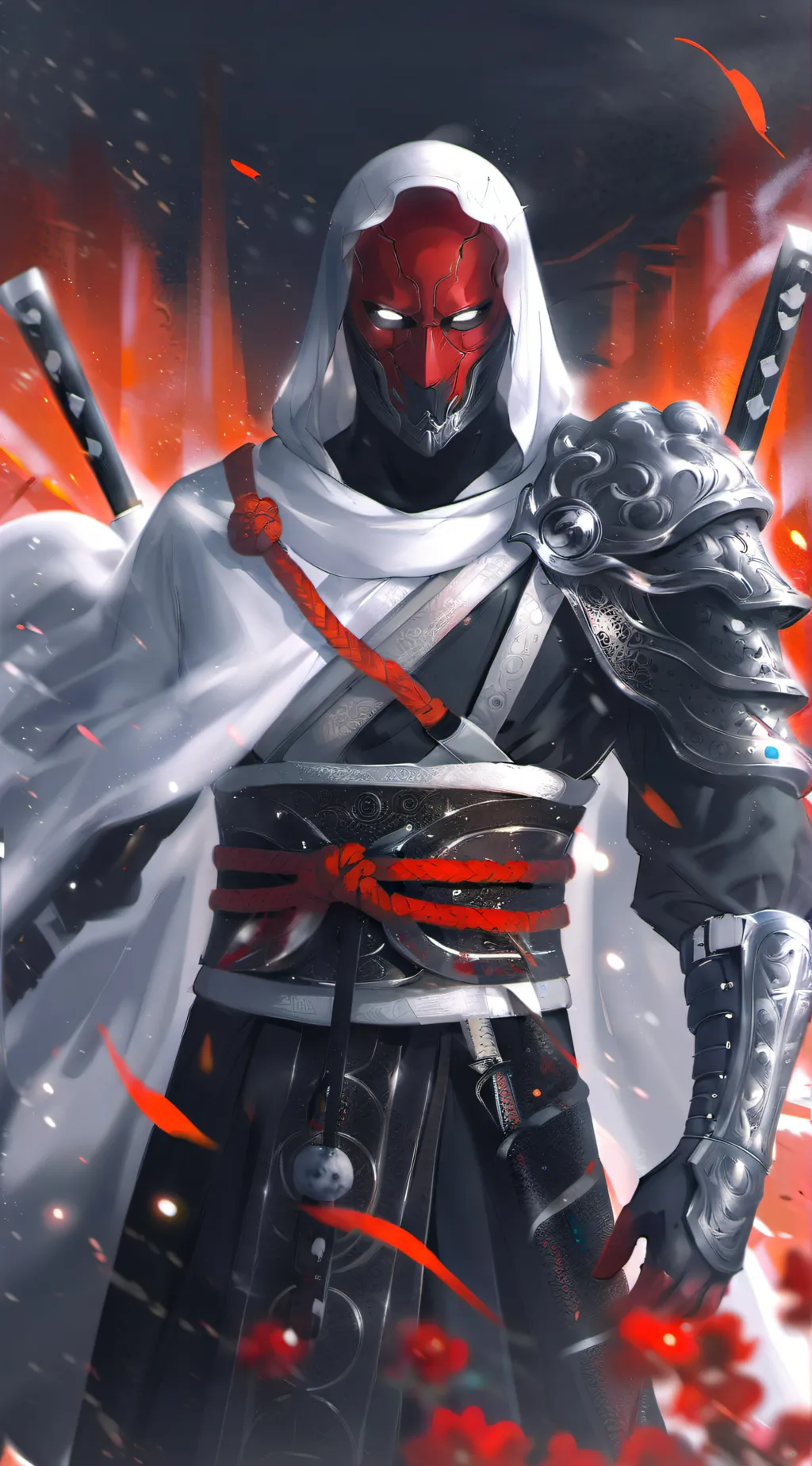 ai character: Samurai red hood background