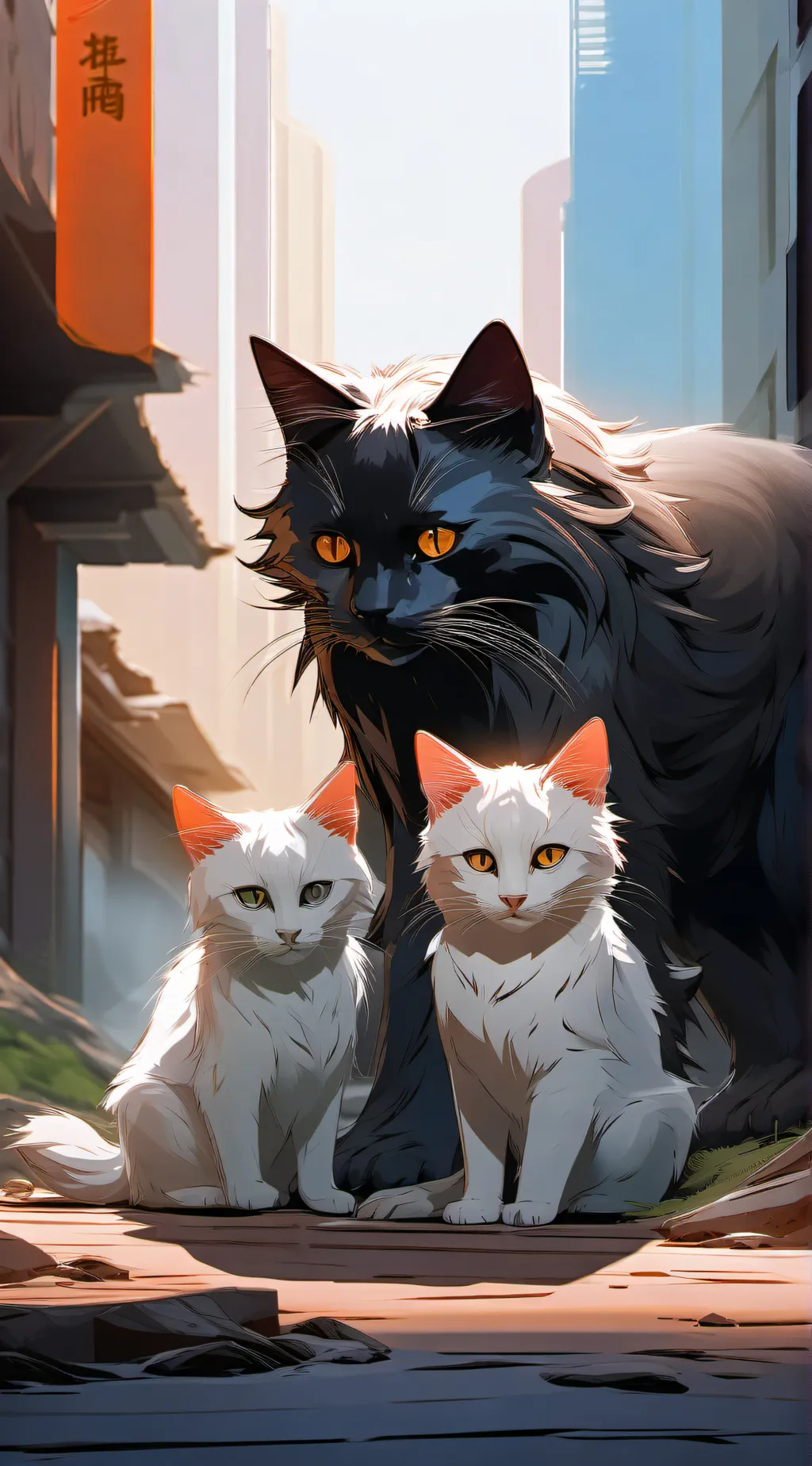 ai character: mama cat and 2 kit background