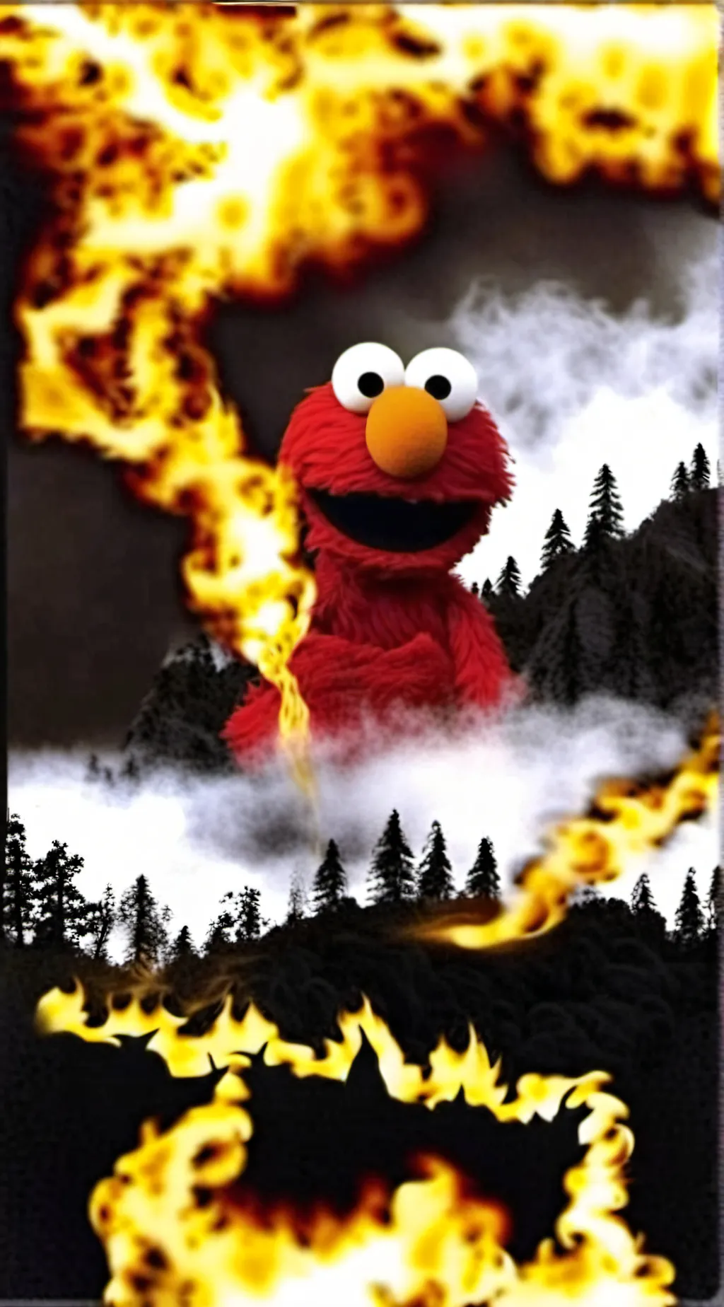 ai character: Elmo burning fire background