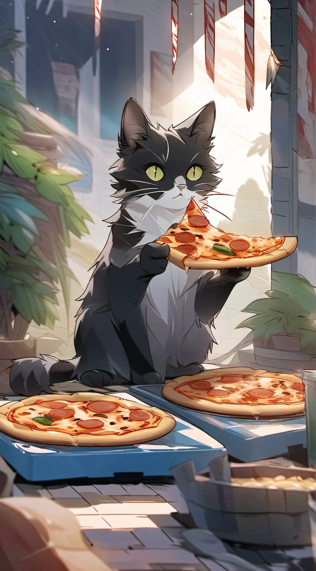 ai character: pizza kitten  background