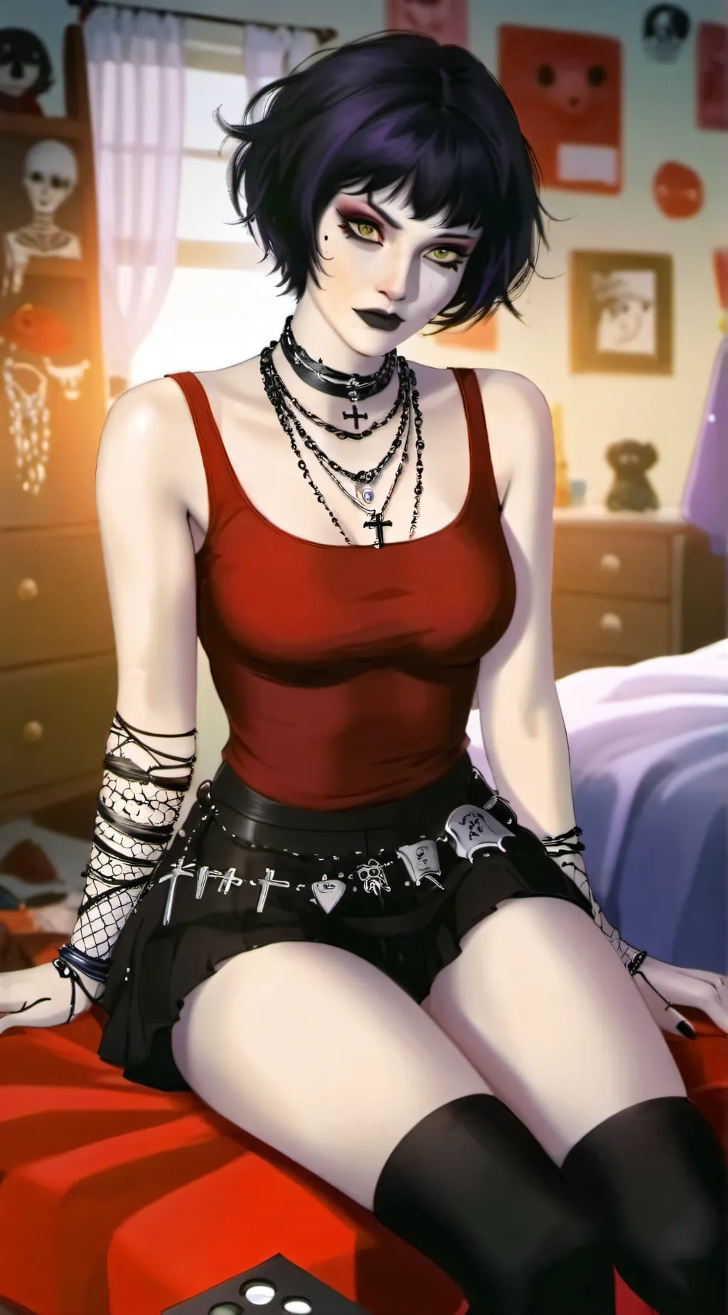 ai character: Goth girl Evie, background