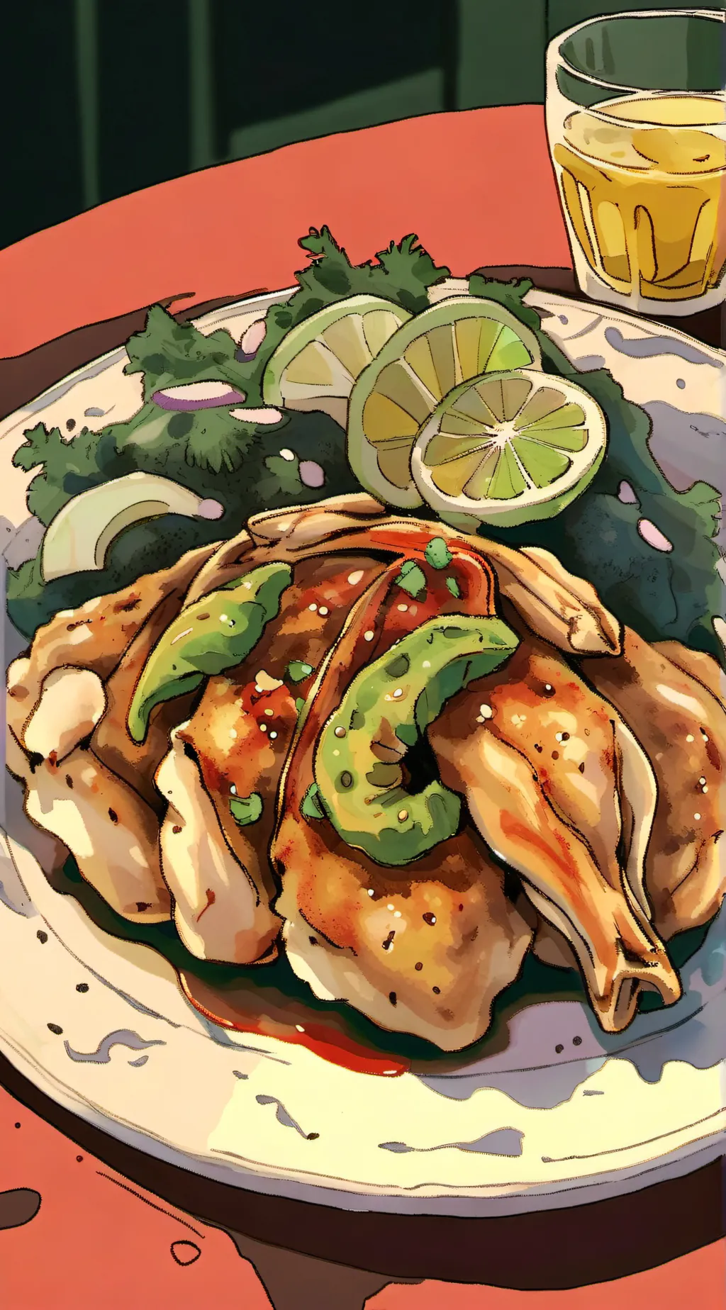 ai character: Pollo frito (Lit) background