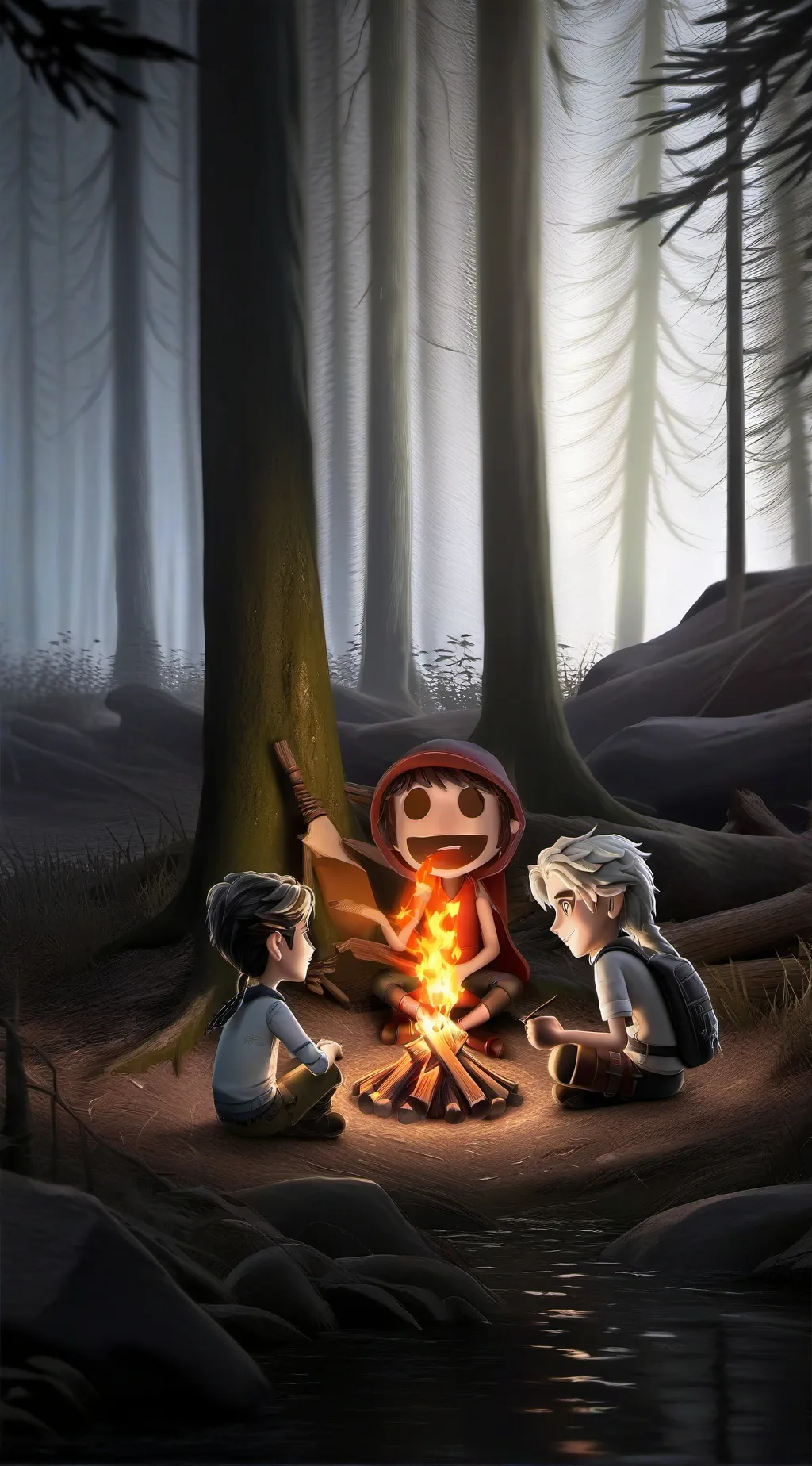 ai character: camp fire background