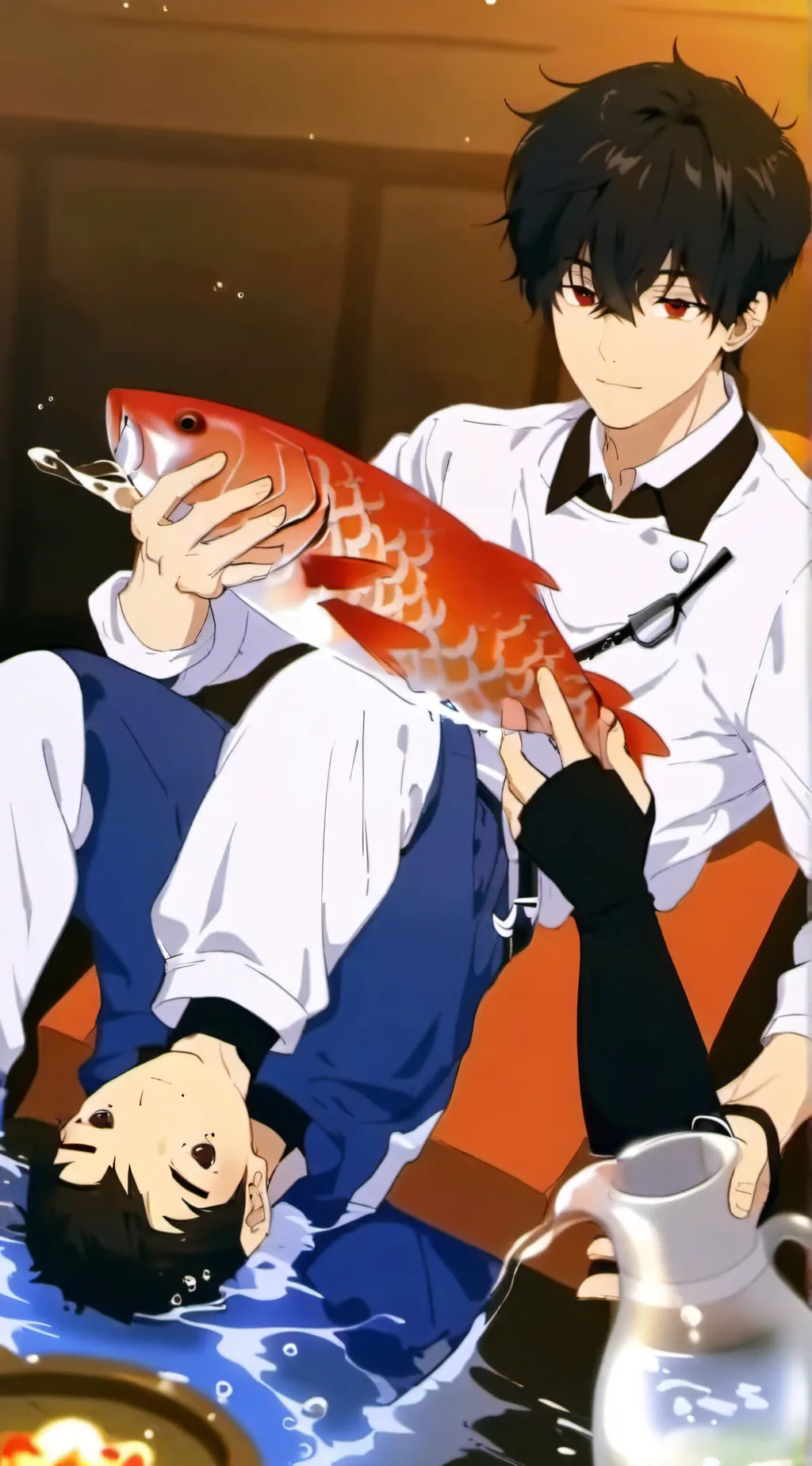 ai character: guy drowning fish background