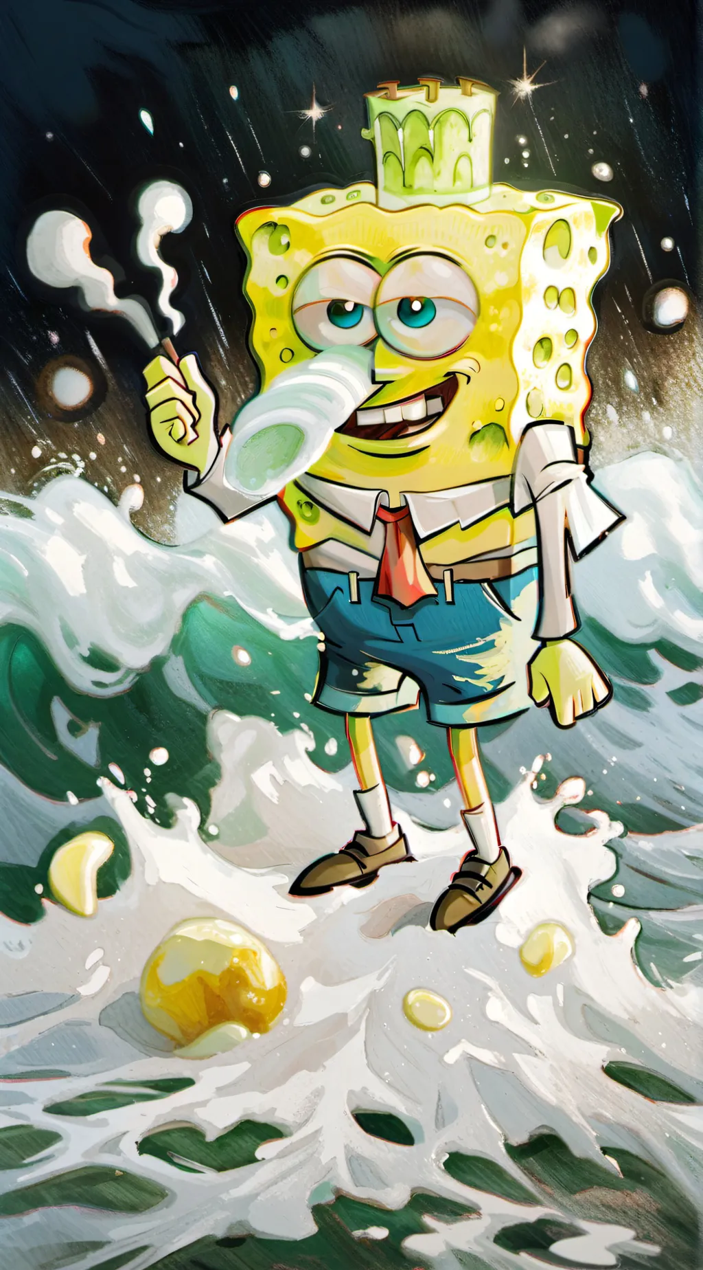 ai character: SpongeBob on drugs background