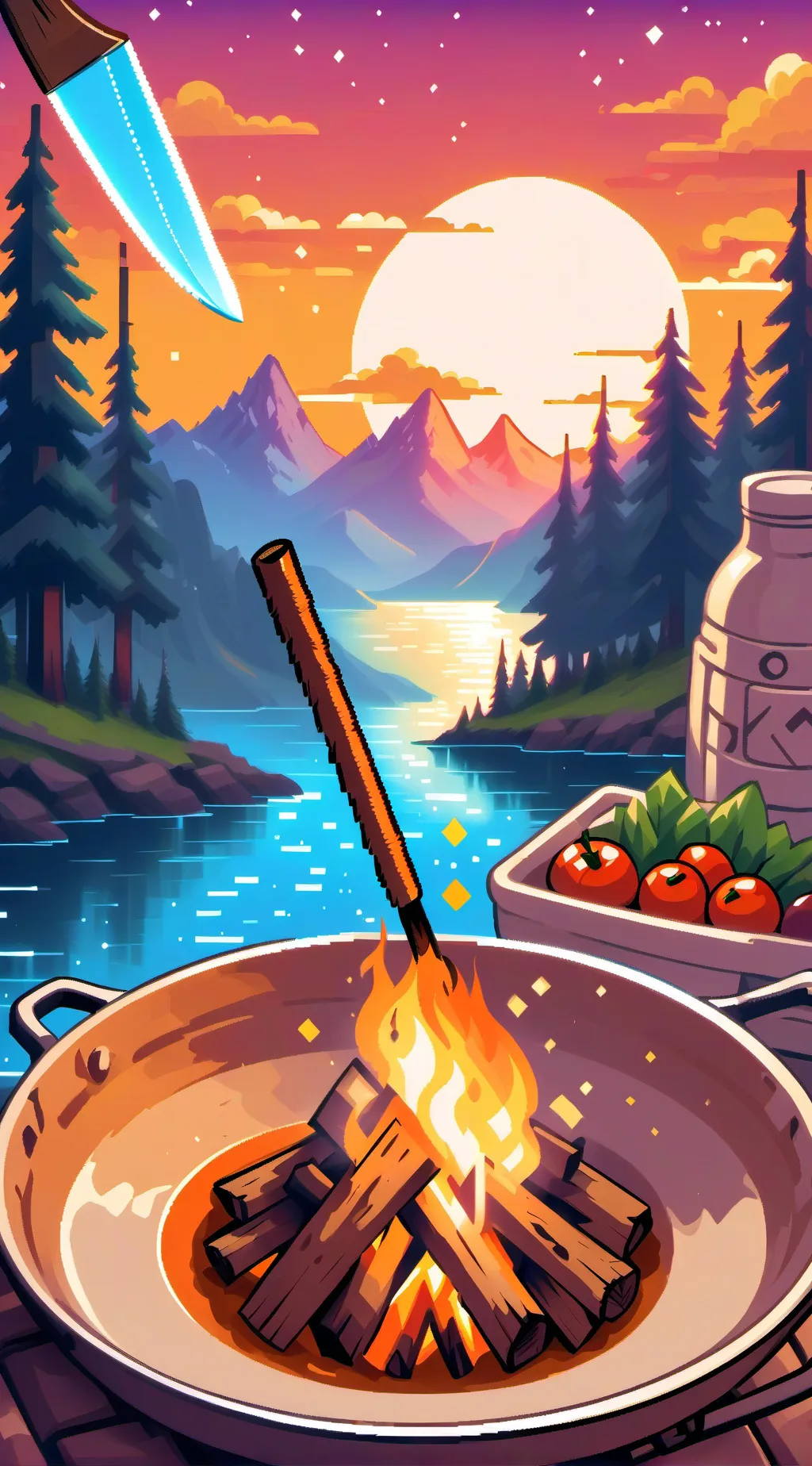 ai character: Campfire cooking. background