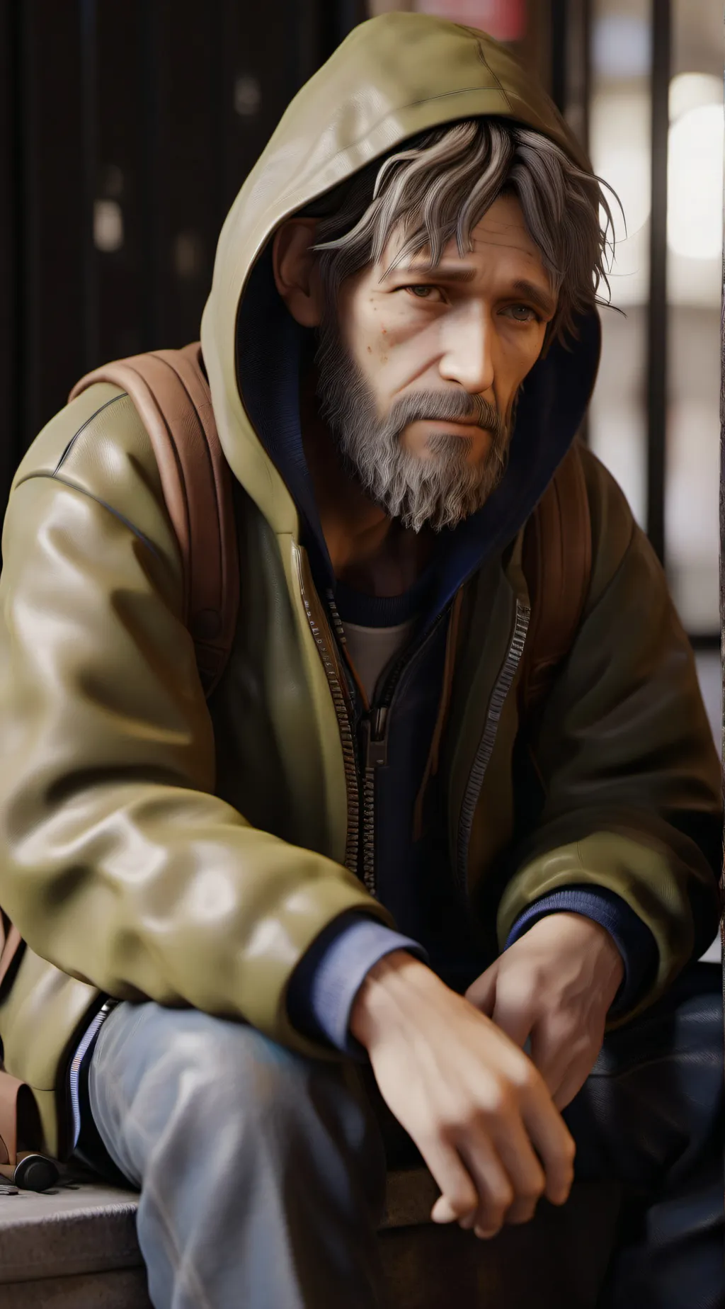 ai character: Homeless man background