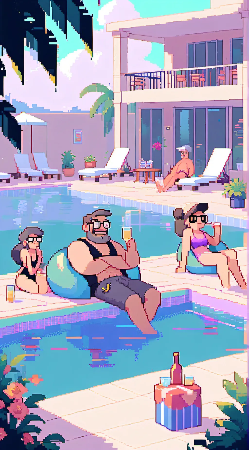 ai character: Pines pool party background