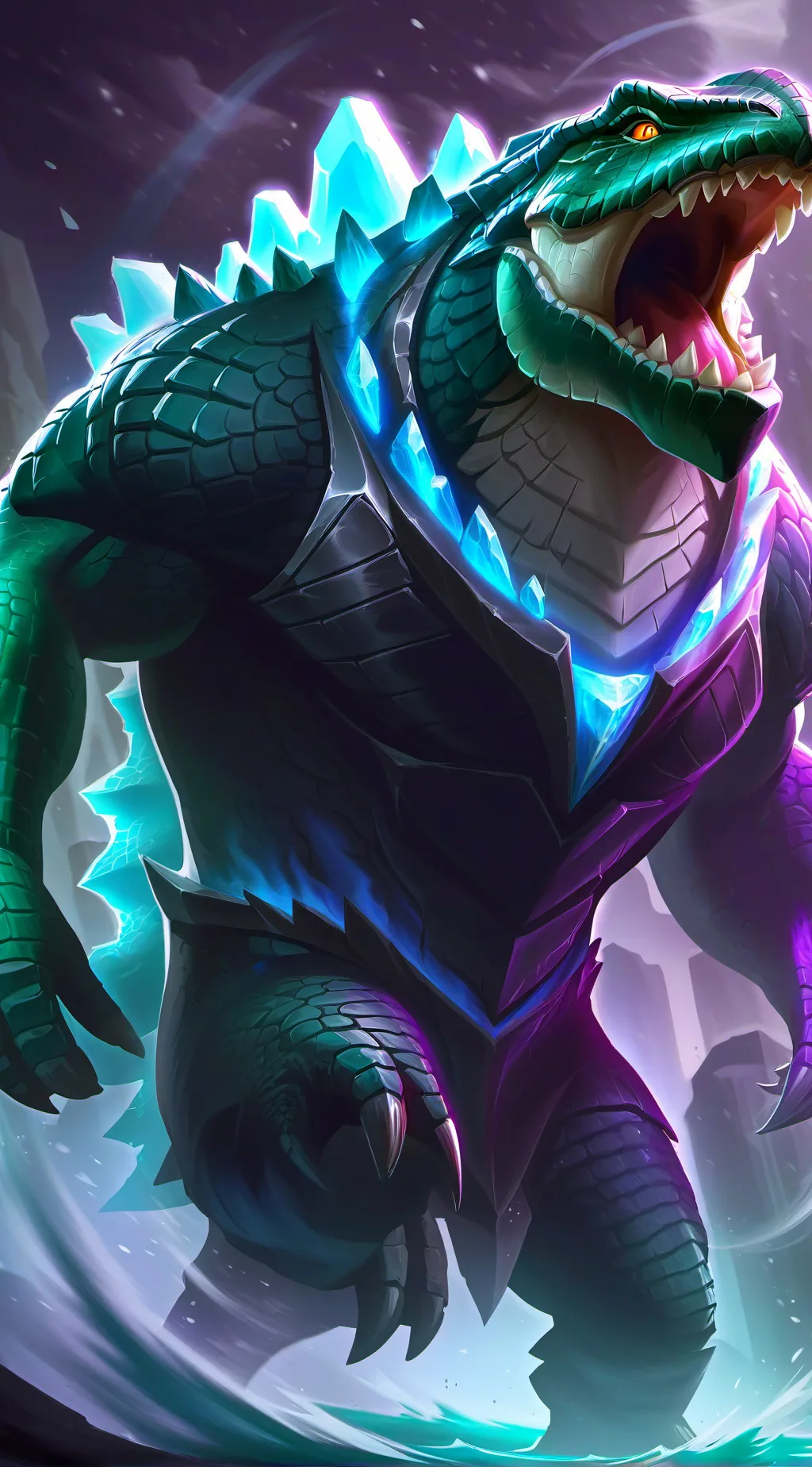 ai character: CrocGodzilla  background