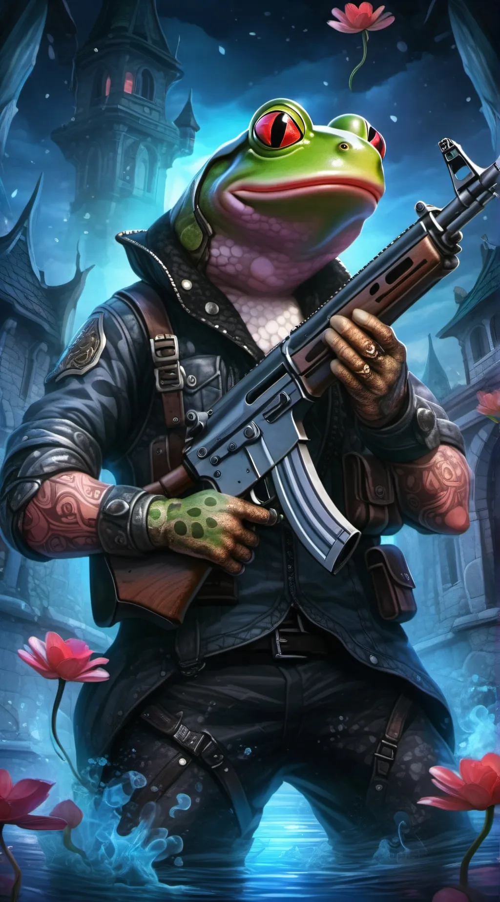 ai character: Frog with a AK47  background