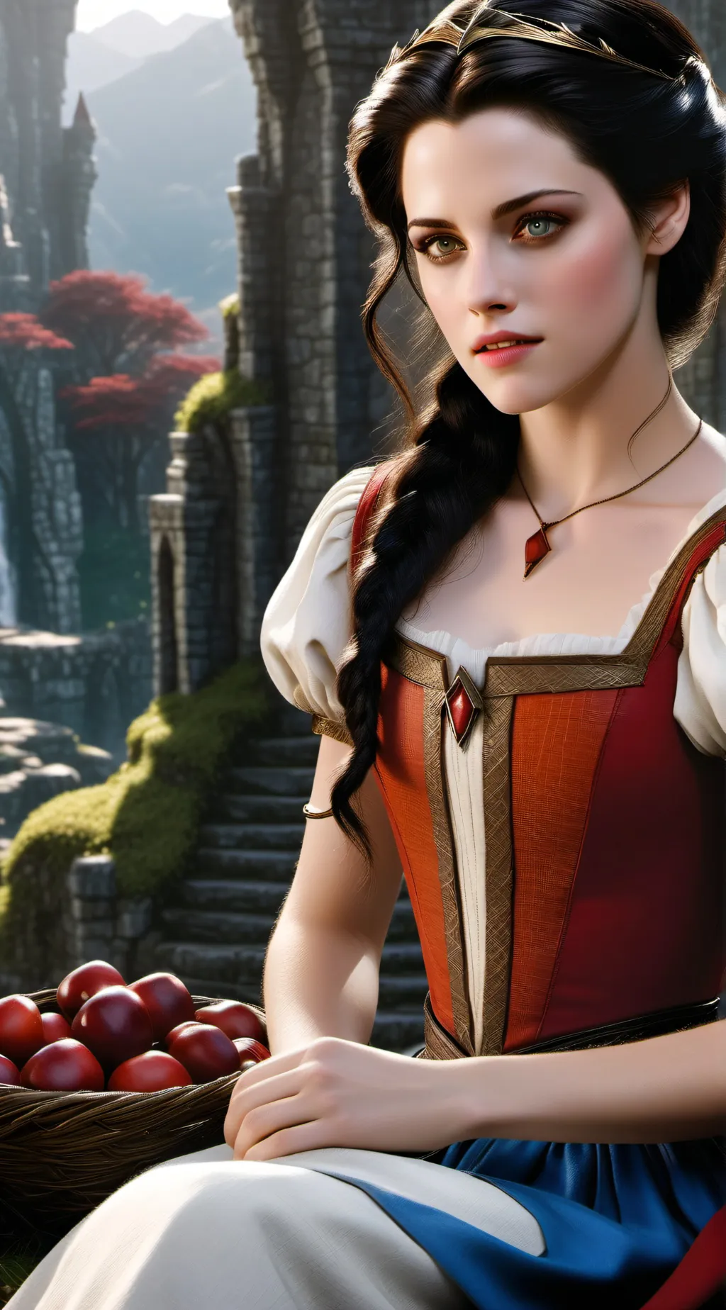 ai character: Snow white/ hunter background
