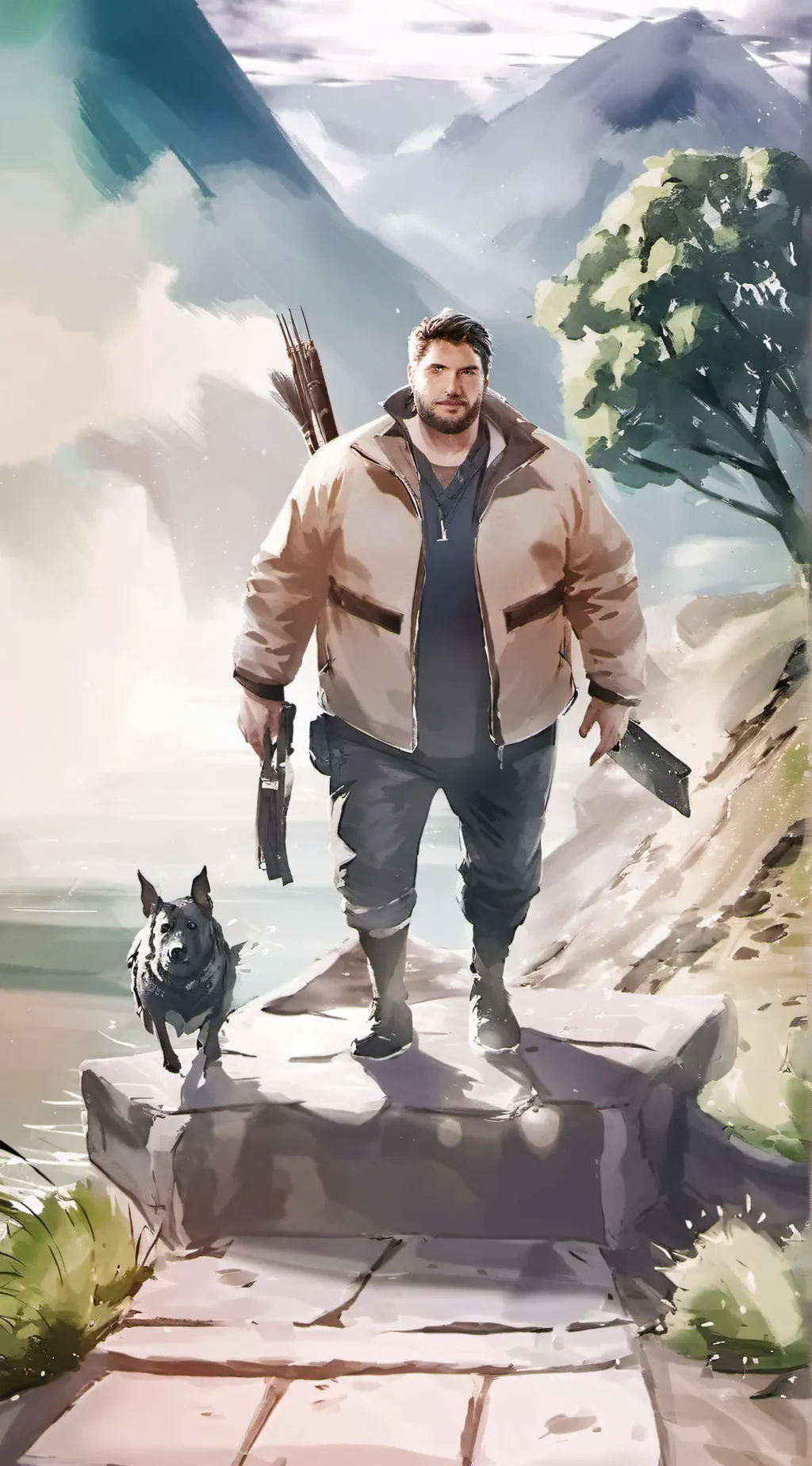 ai character: Fat man with a dog background