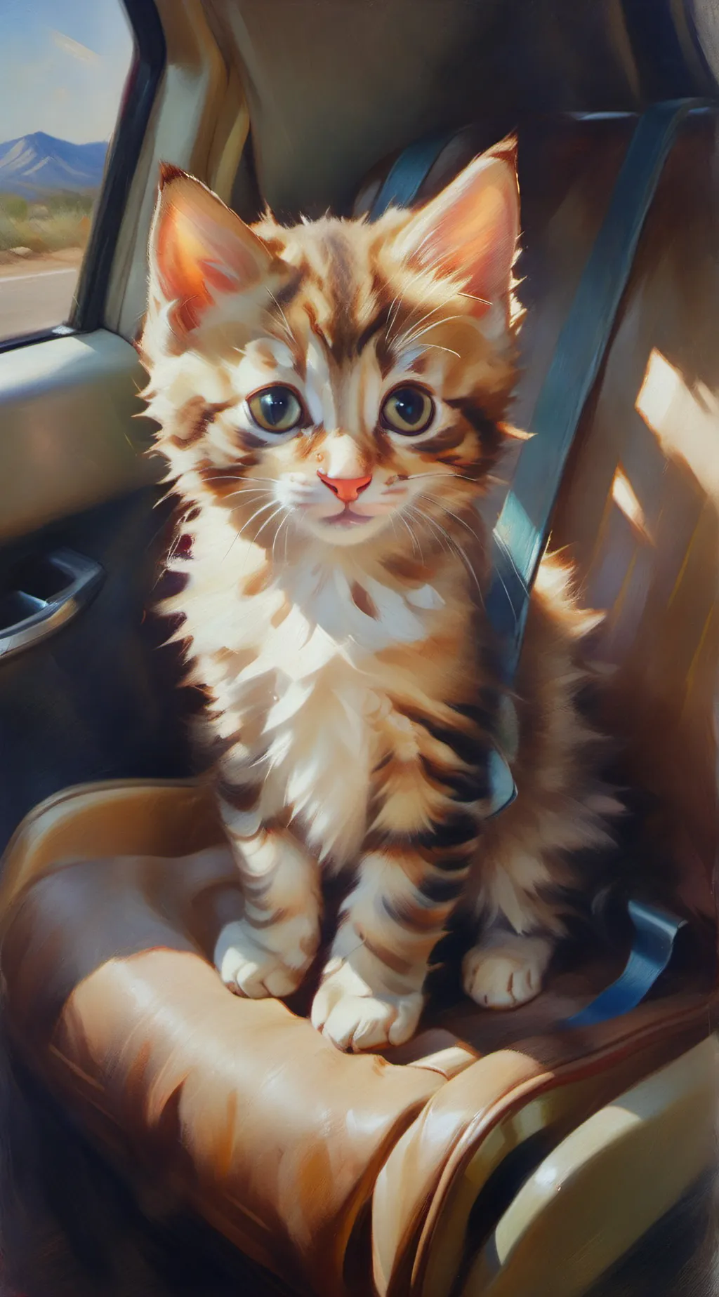 ai character: Road trip kitten background