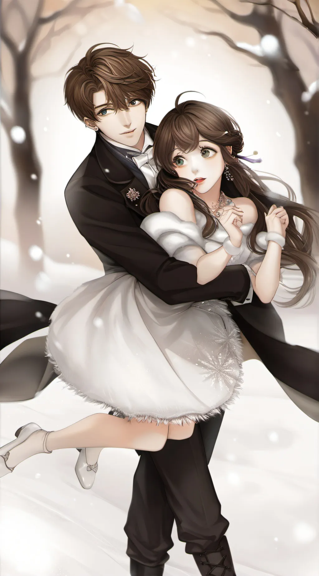 ai character: Dancing in snow background