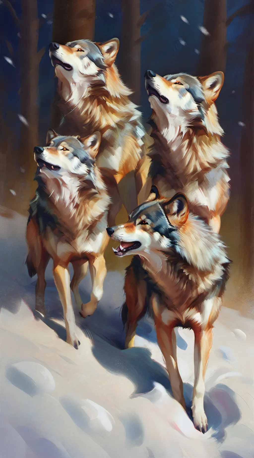 ai character: snowy wolf pack background