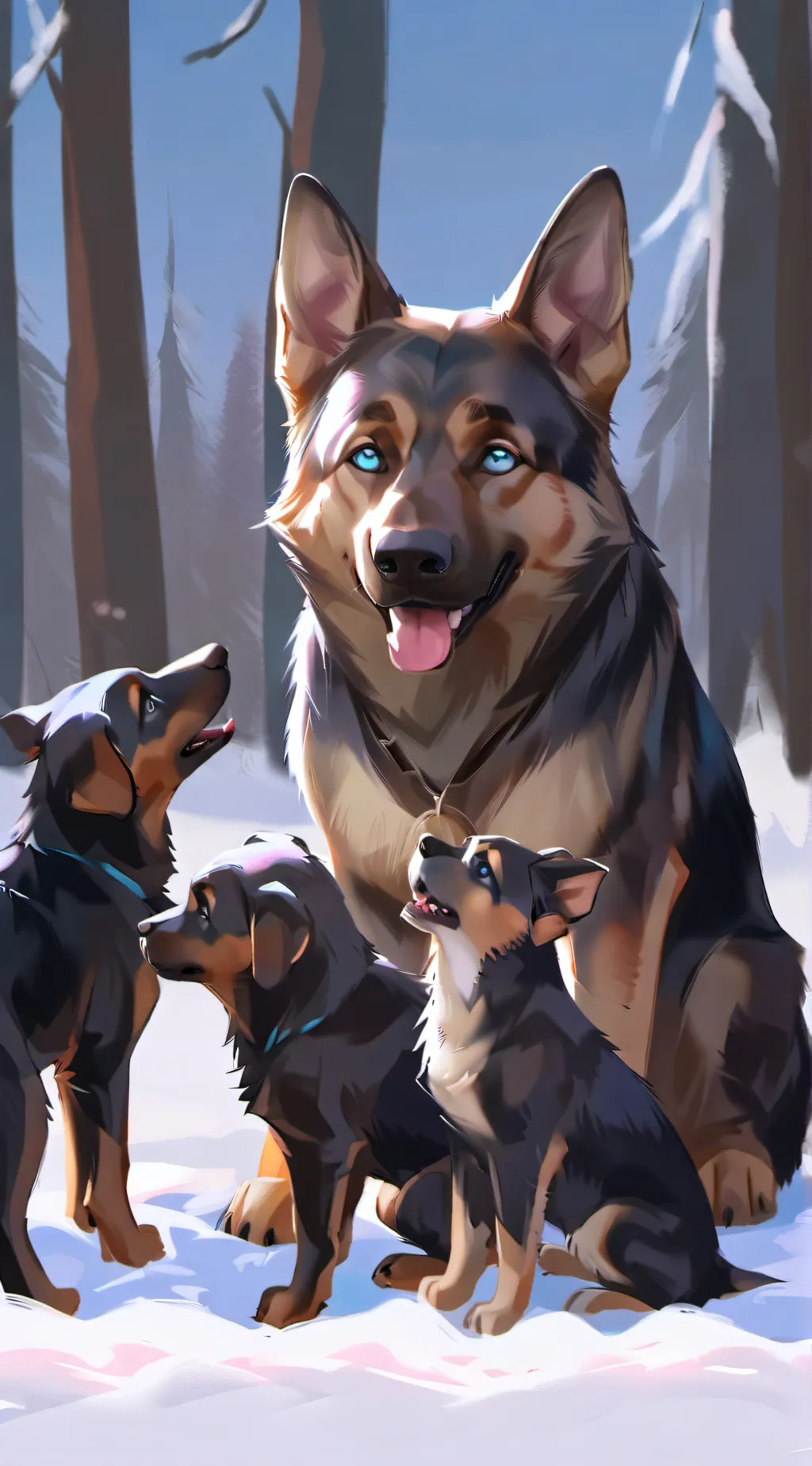 ai character: Mama dog with cubs background