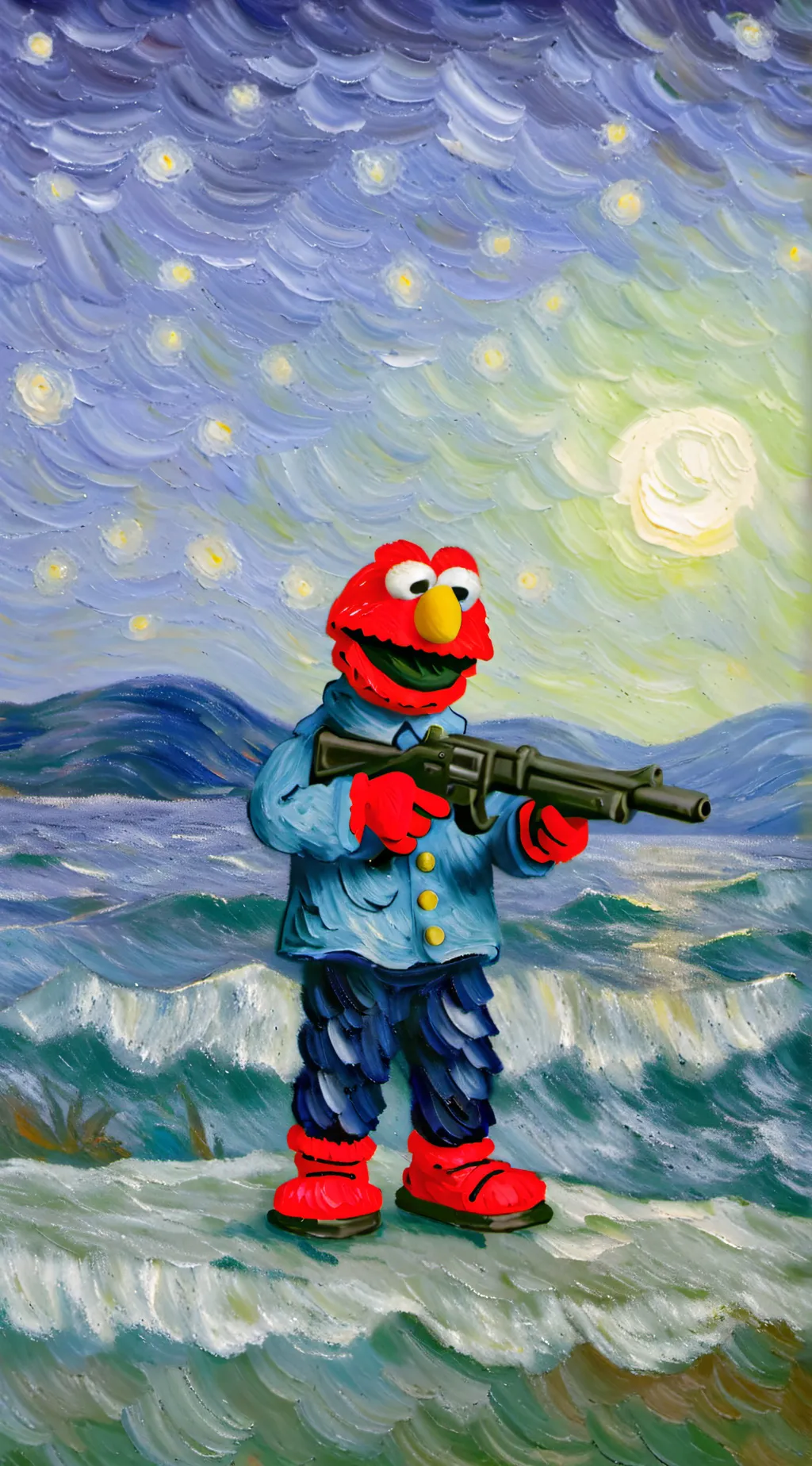 ai character: Elmo WITH A GUN background