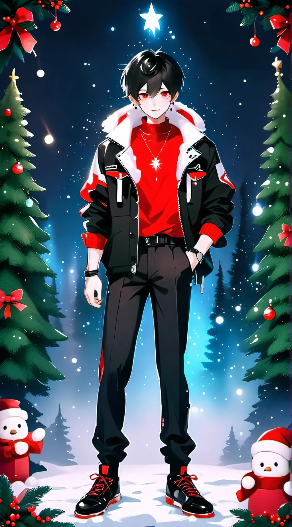 ai character: CHRISTMAS🚪💍🎁 🤖🥺✨ 🎄 background