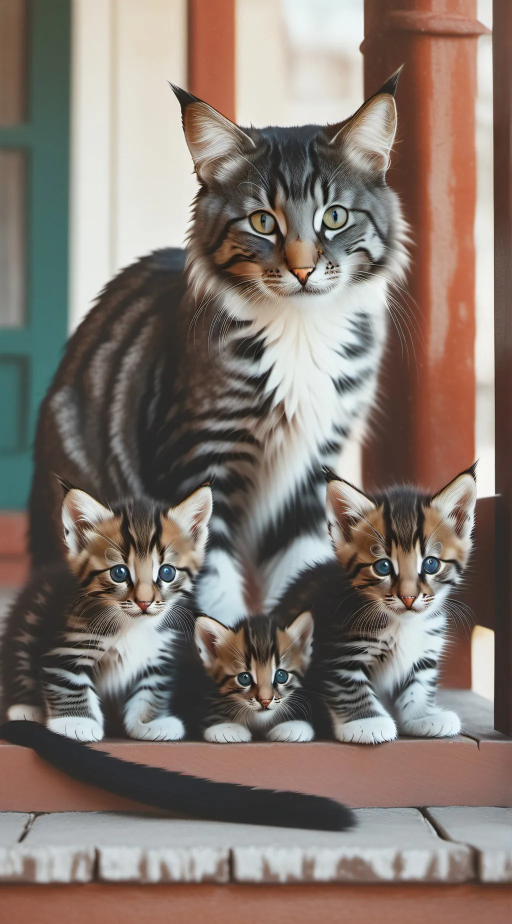 ai character: Mama cat and kitts background