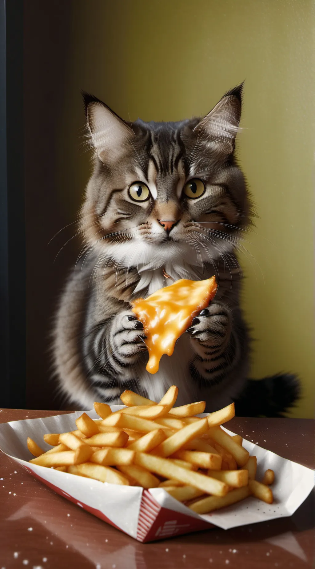 ai character: a cat eating fries background