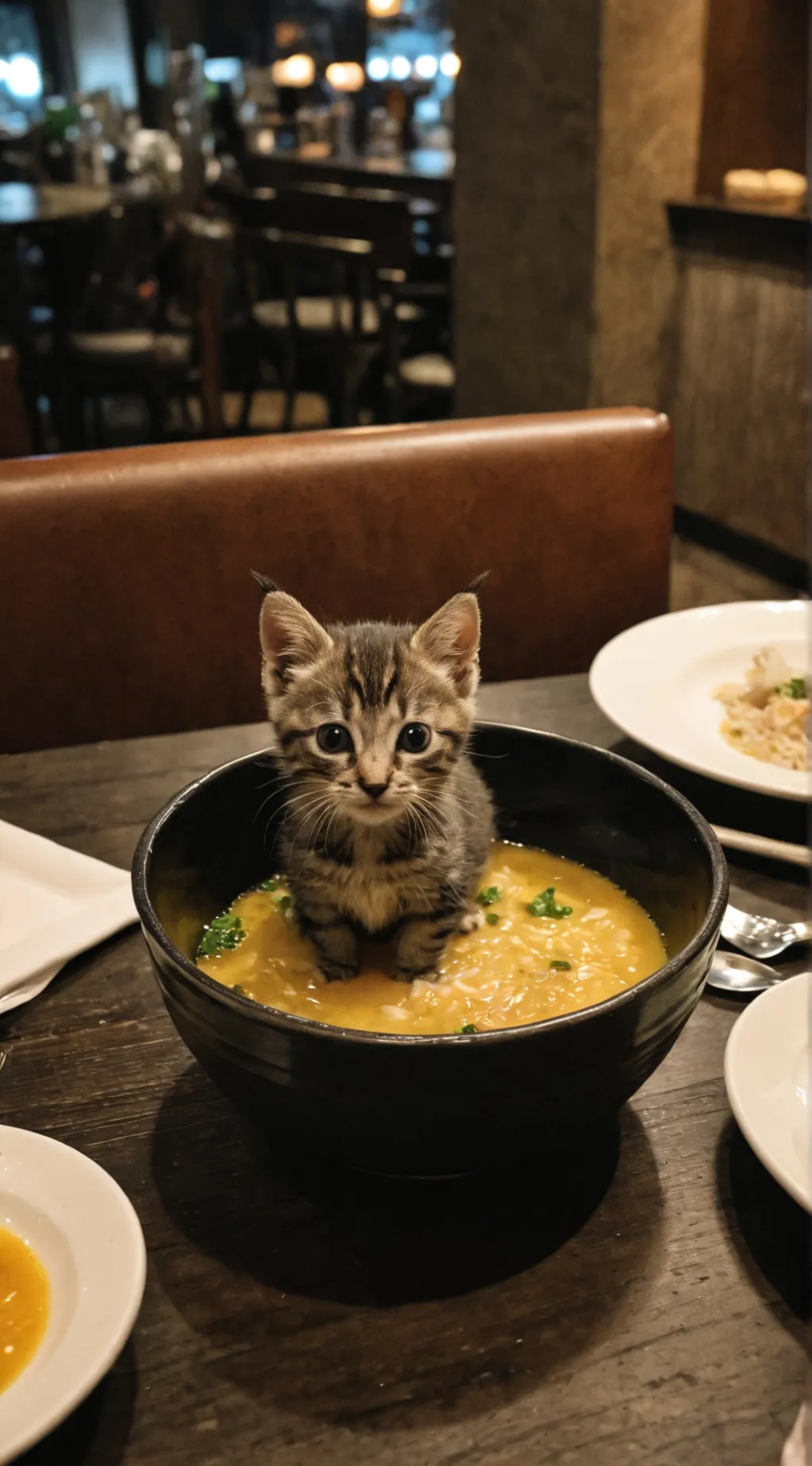 ai character: Soup bowl kitten  background
