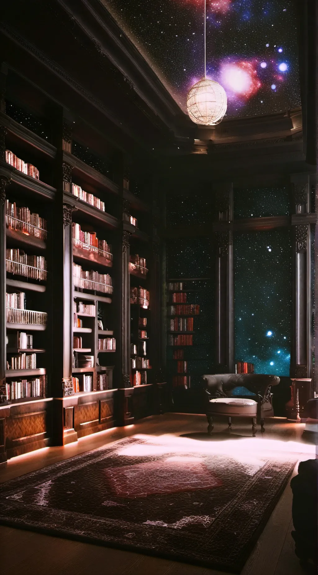 ai character: Eerie Library background