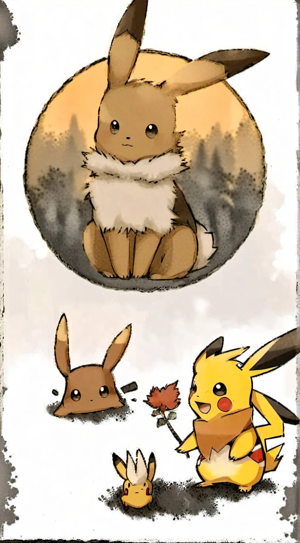 ai character: eevee y Pikachu  background
