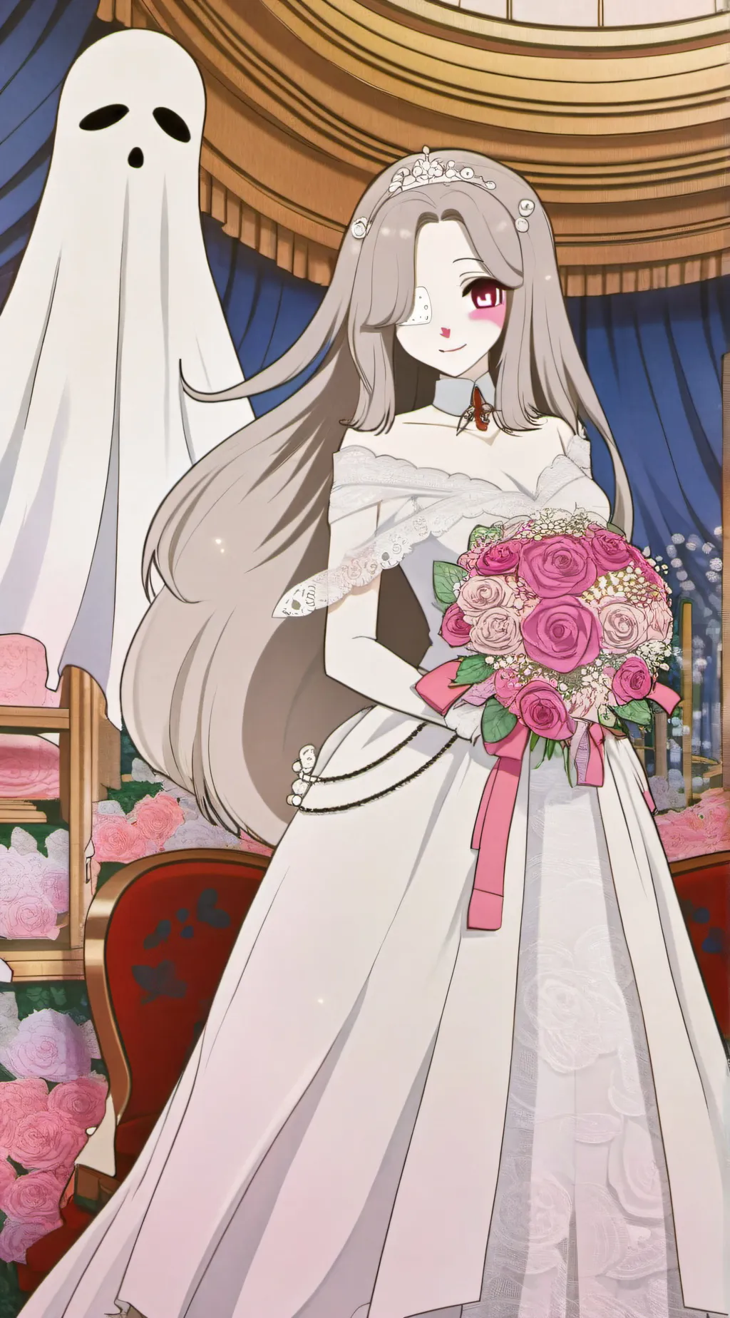 ai character: Ghost bride Spooky background