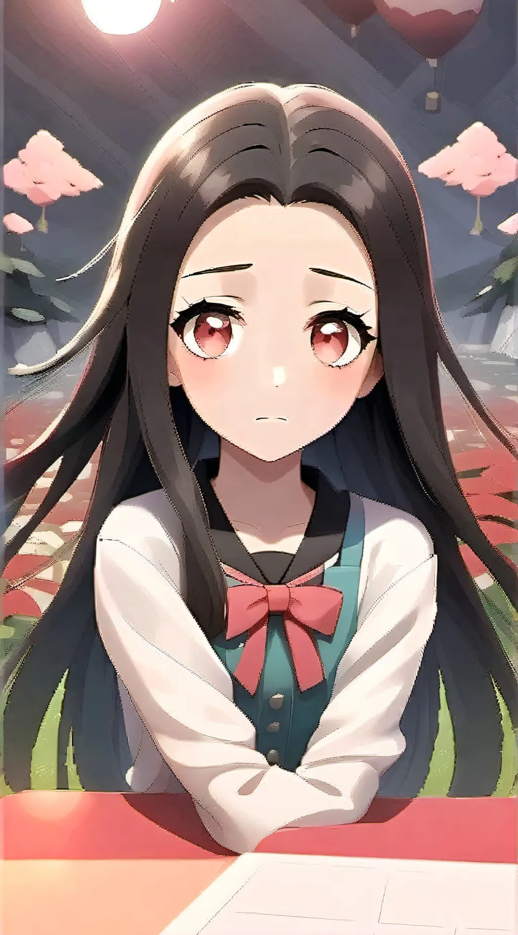 ai character: nezuko sad  background