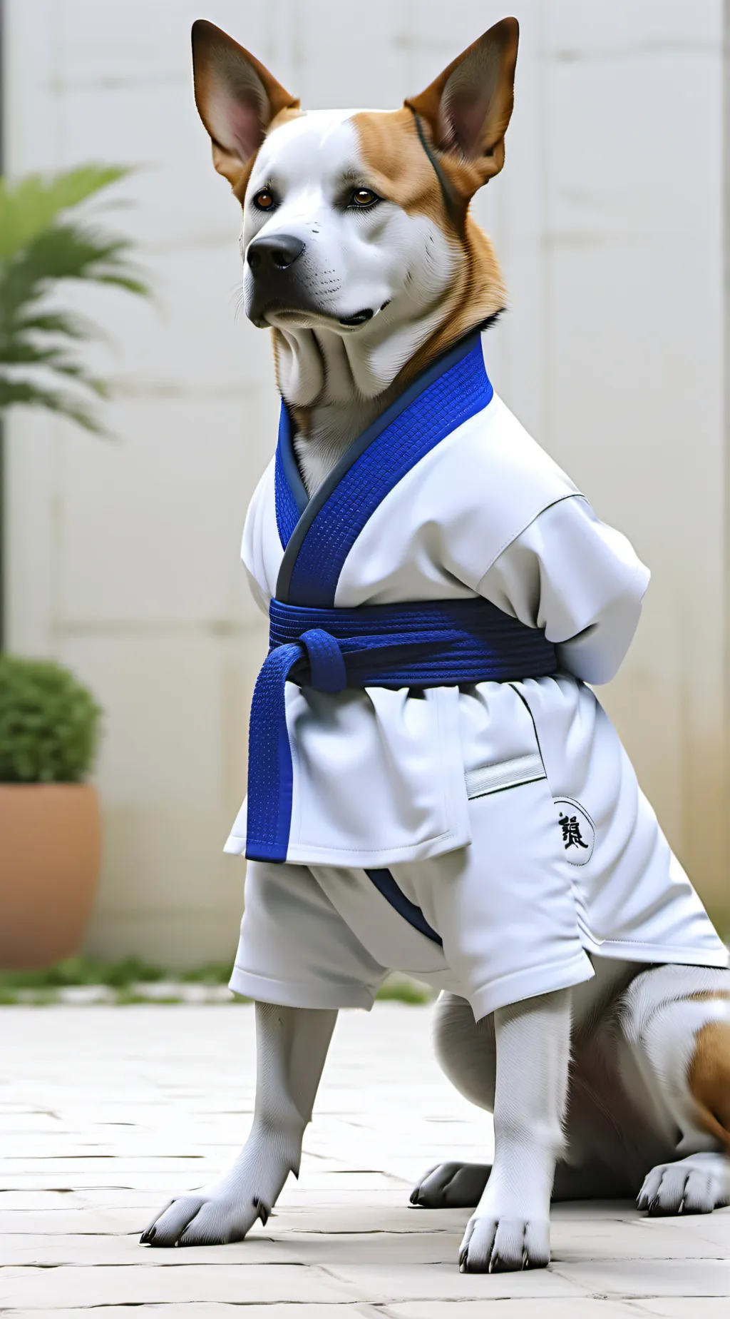 ai character: Blue belt dog background