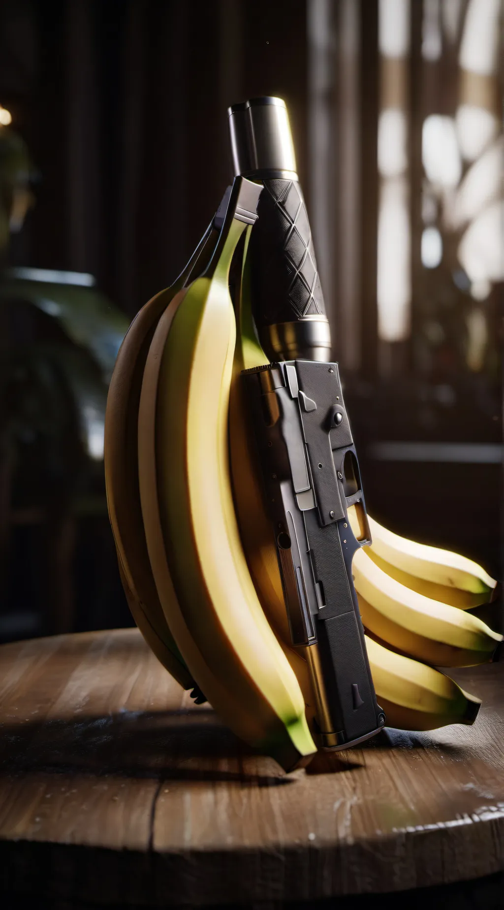 ai character: Banana with a gun background