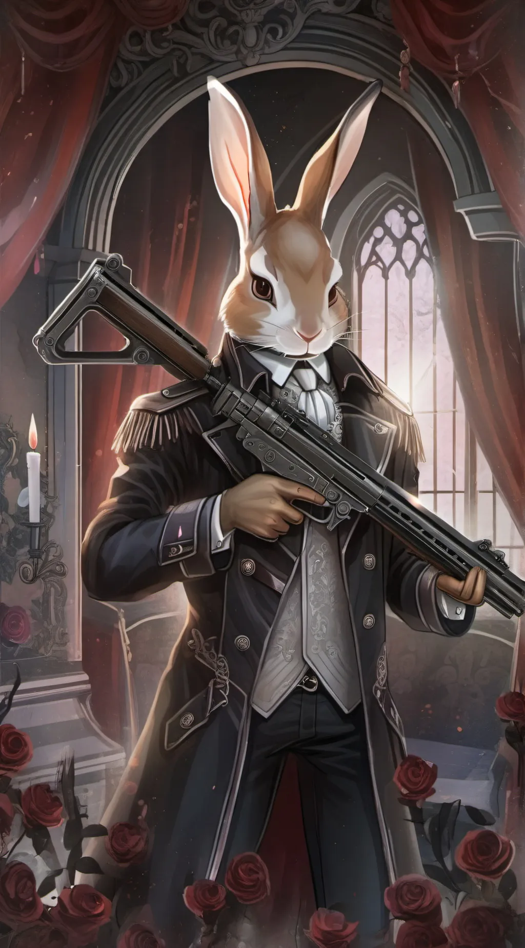ai character: rabbit with a gun background