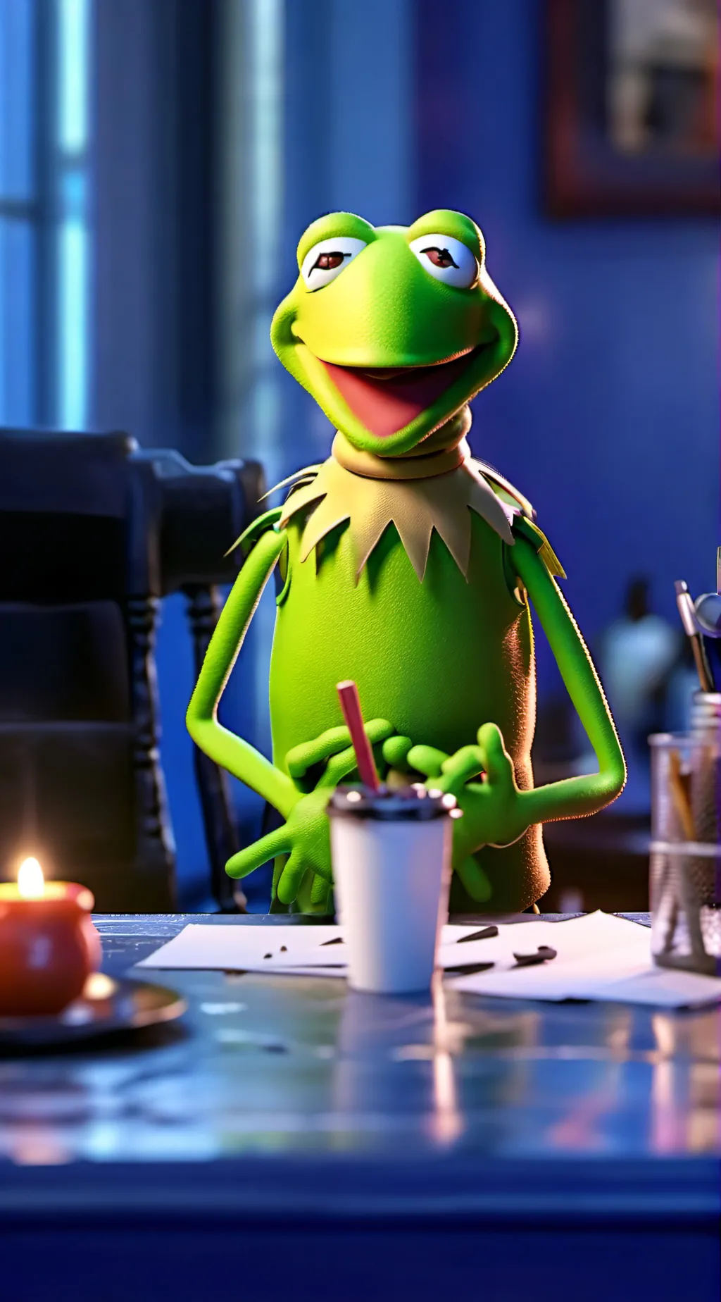 ai character: Kermit the frog  background