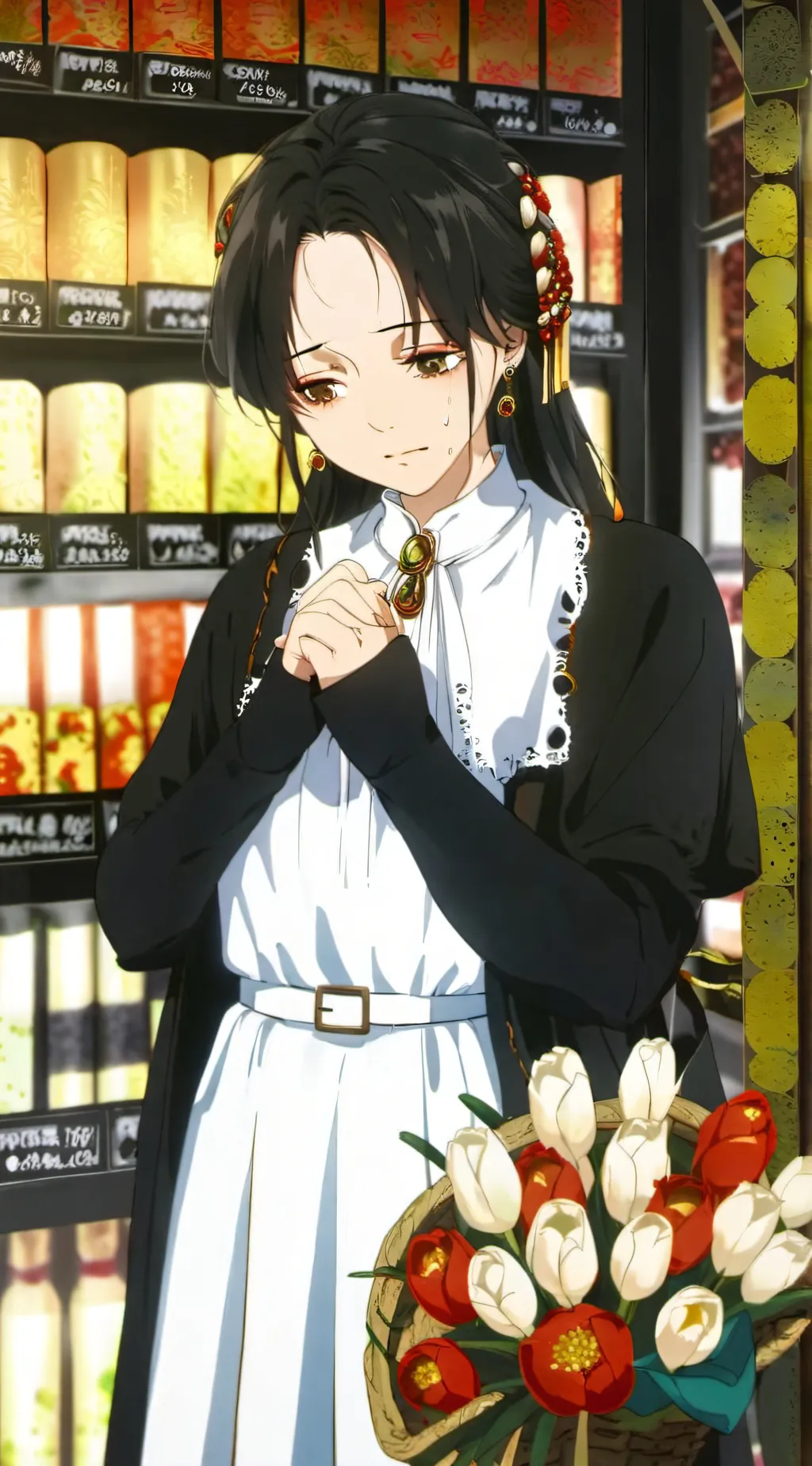 ai character: good deed/Ur shop background