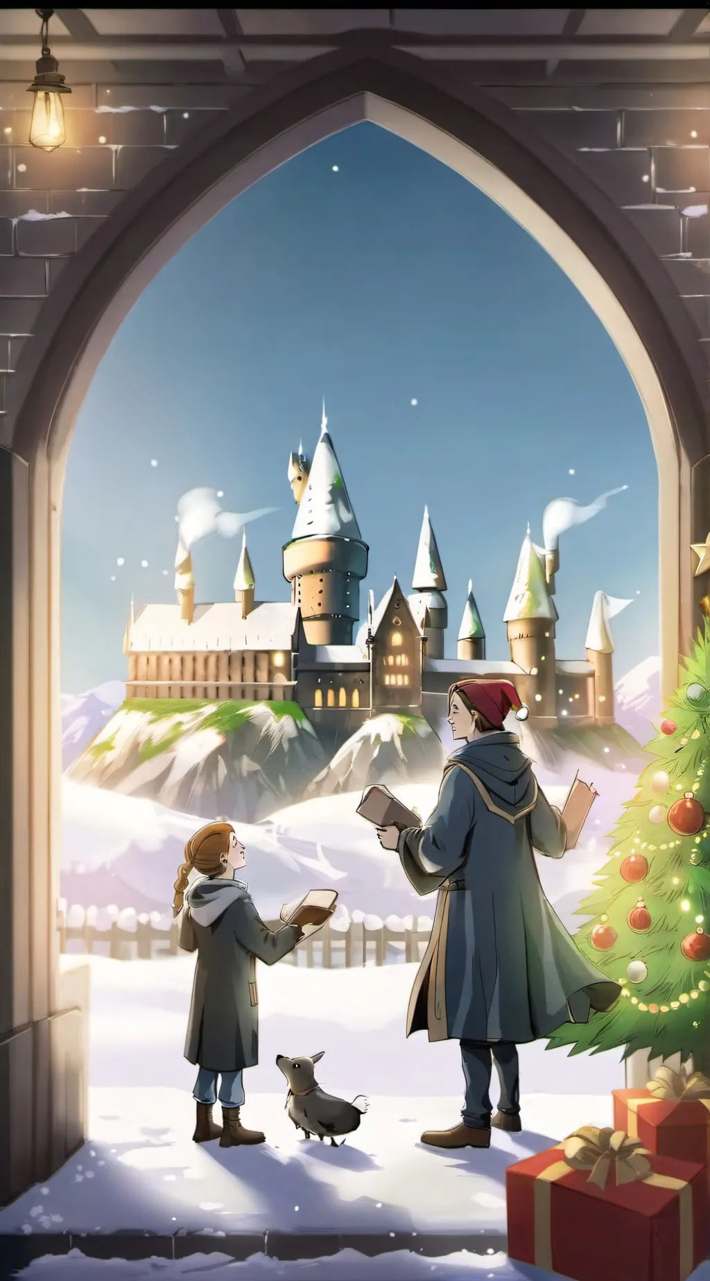 ai character: Christmas hogwarts background