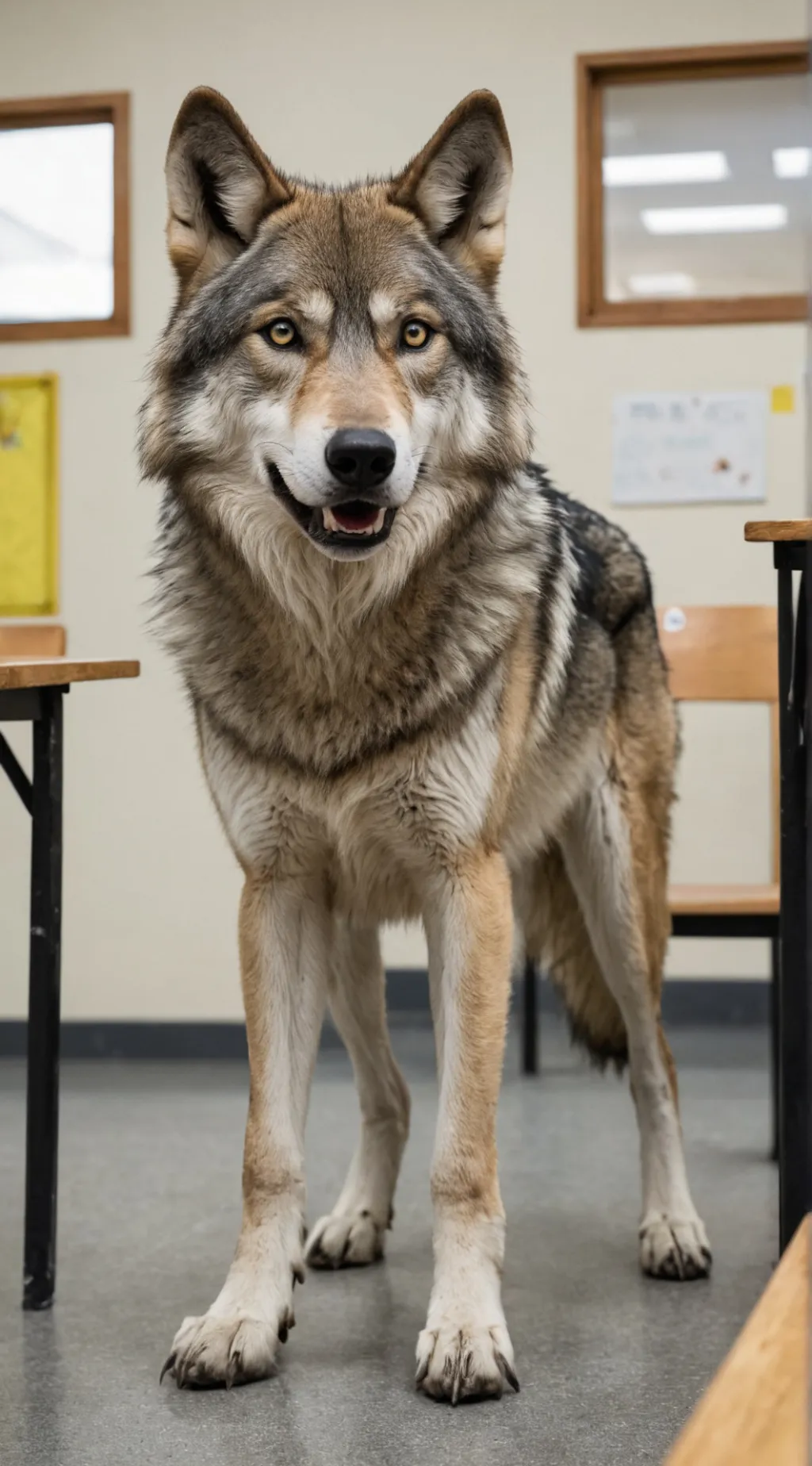 ai character: Wolf in school background