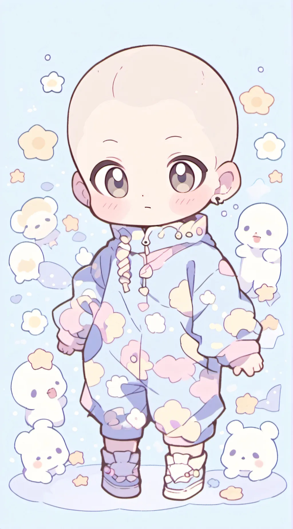 ai character: bald baby ت background