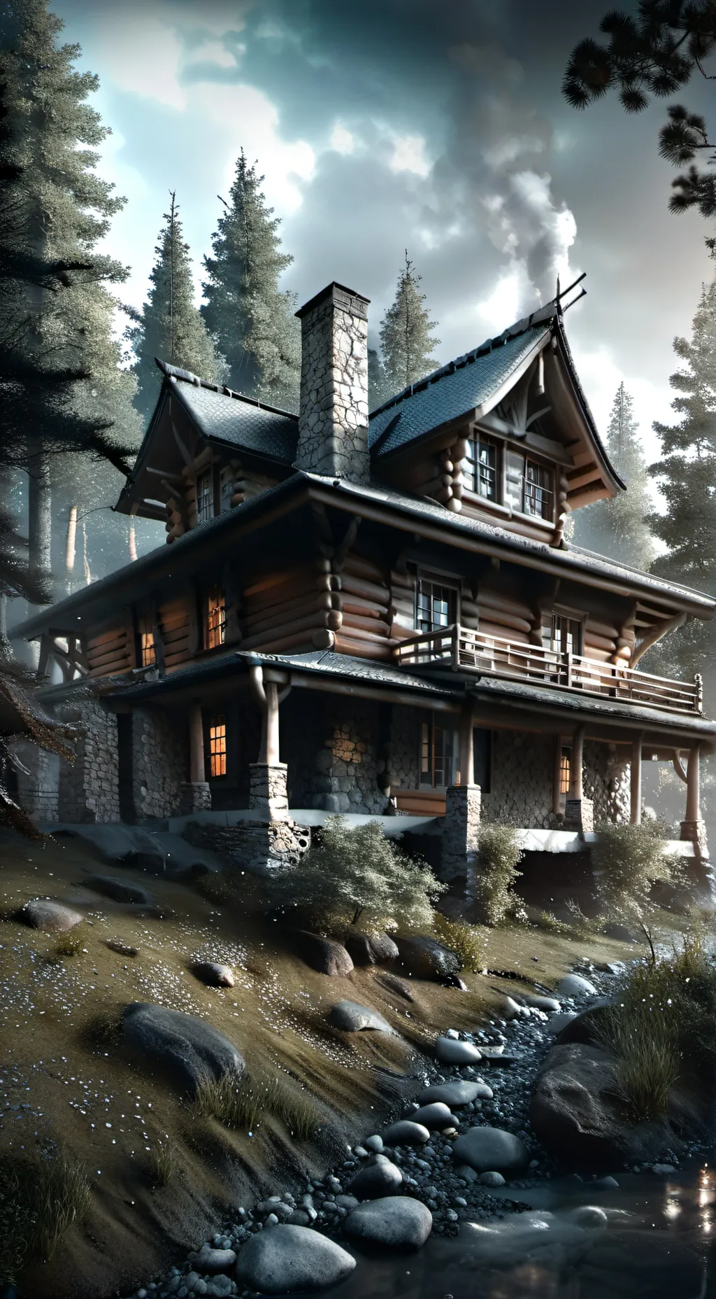 ai character: Cabin snow storm background