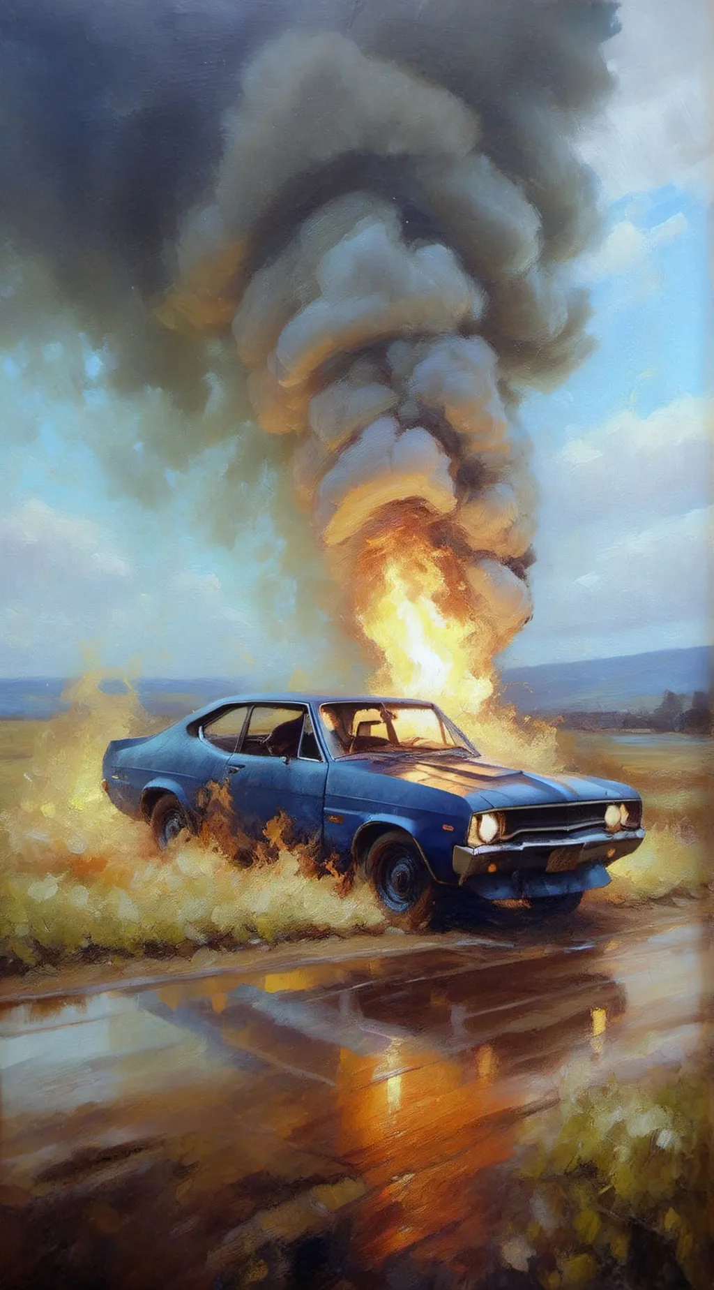 ai character: Burning car background