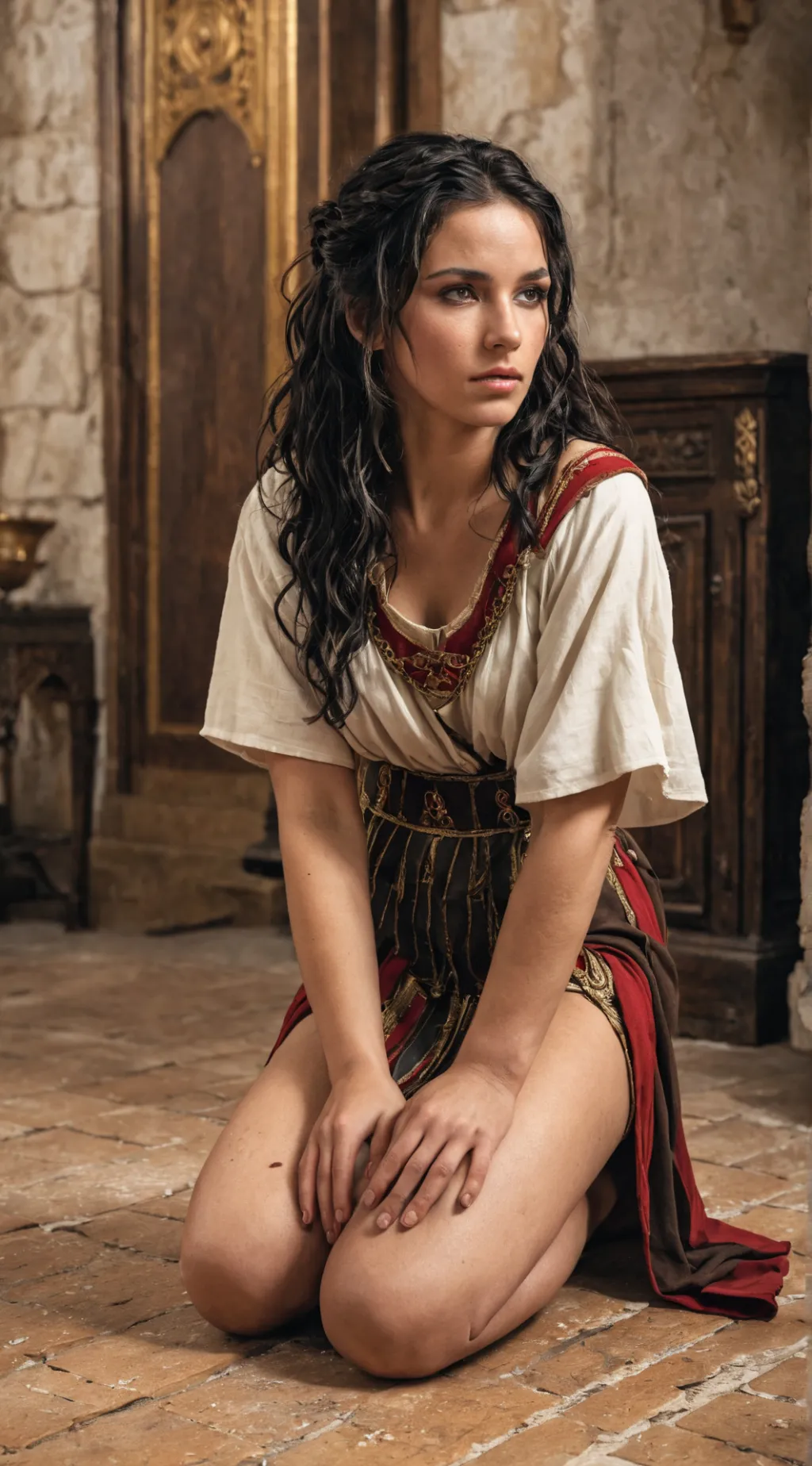 ai character: roman slave woman  background