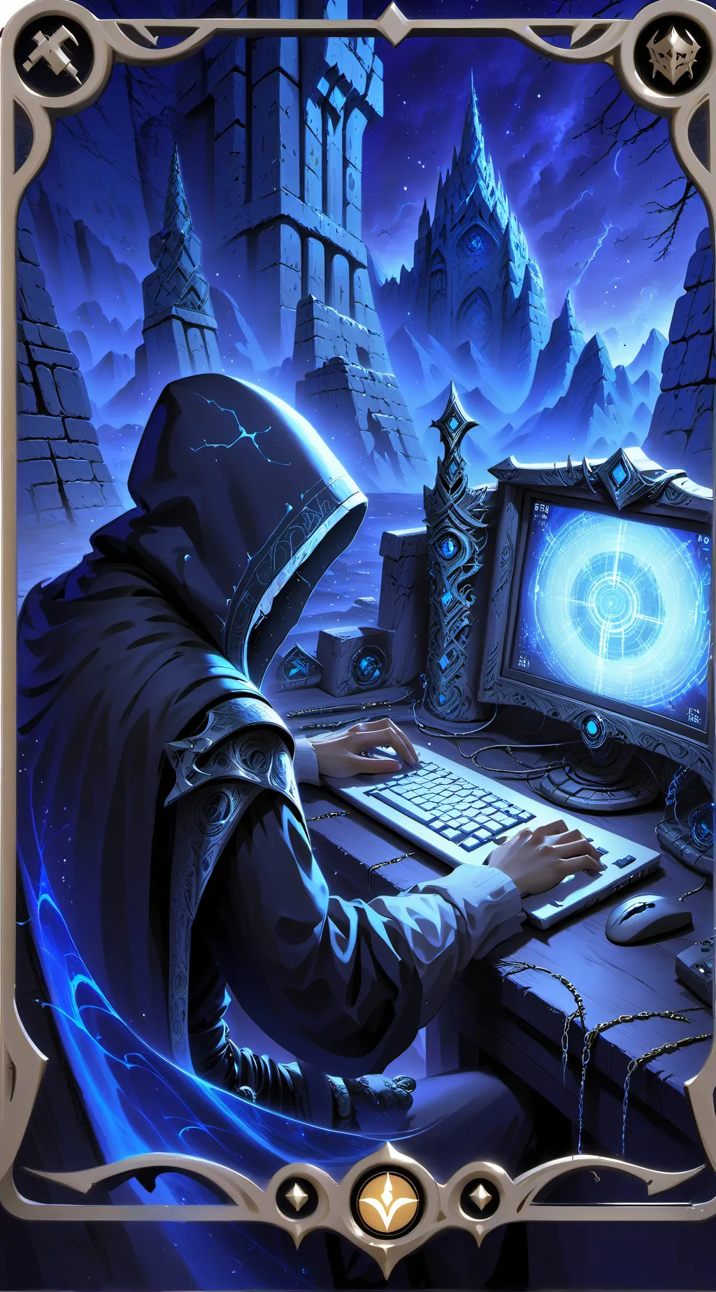 ai character: purple+black(hack) background