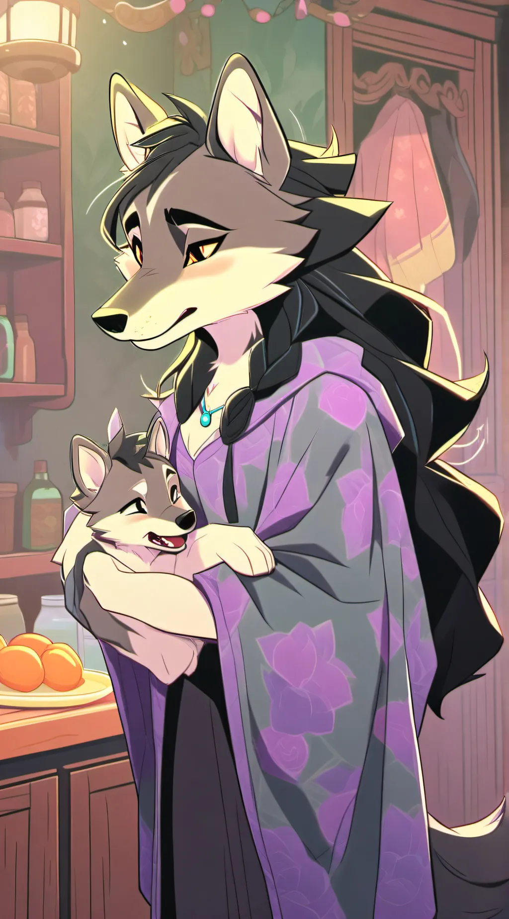 ai character: Wolf furry family  background