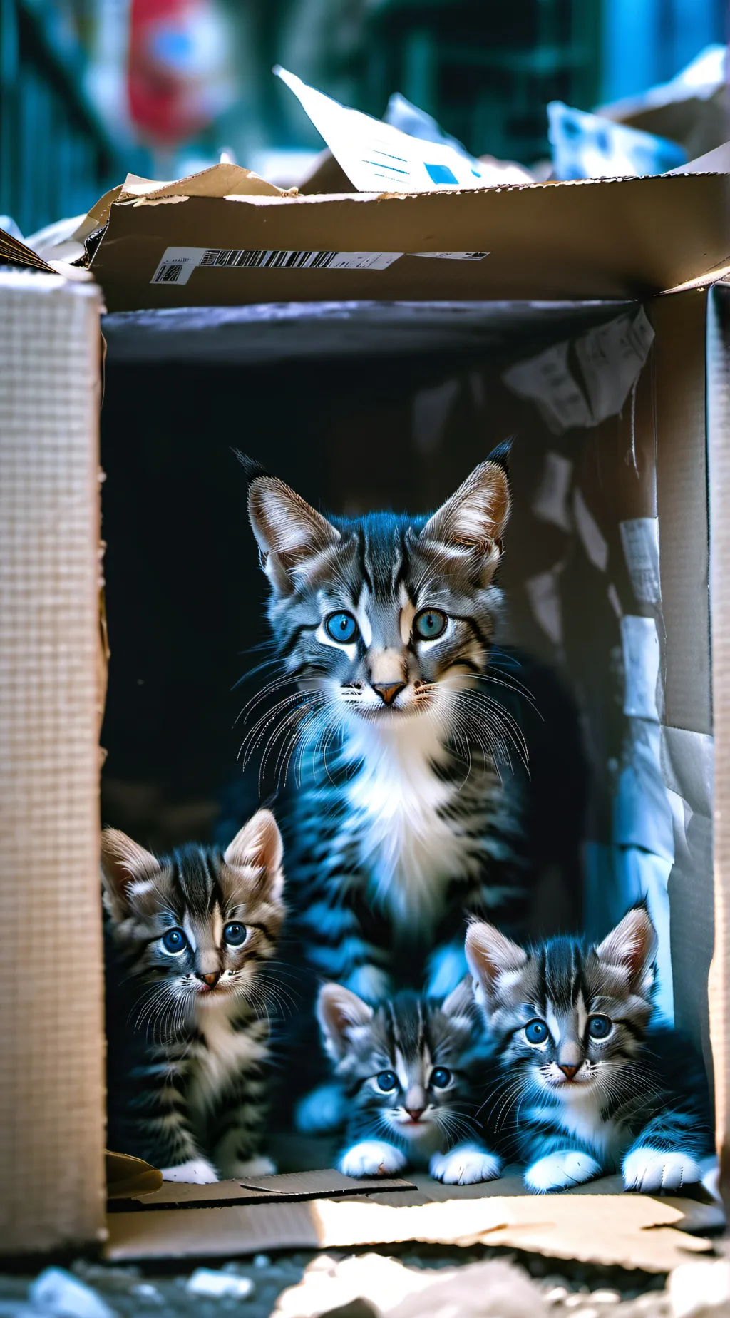 ai character: Mama cat+kittens background