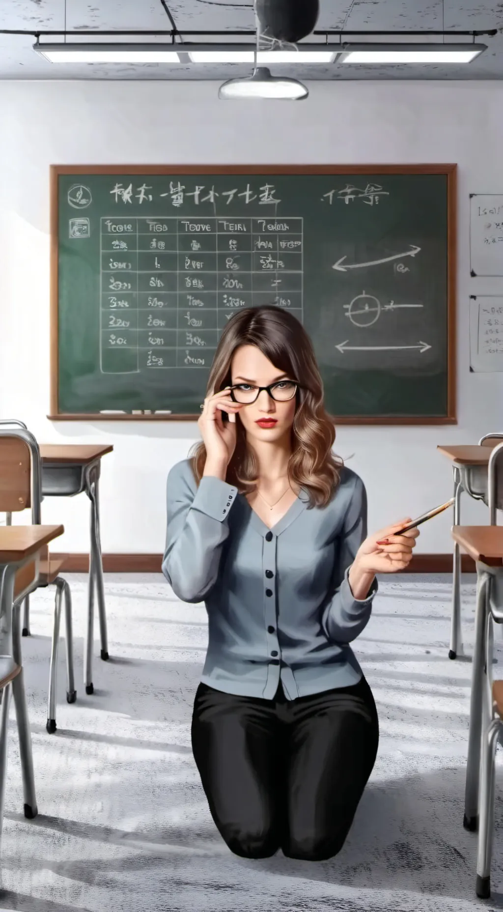 ai character: sad,curel teacher background