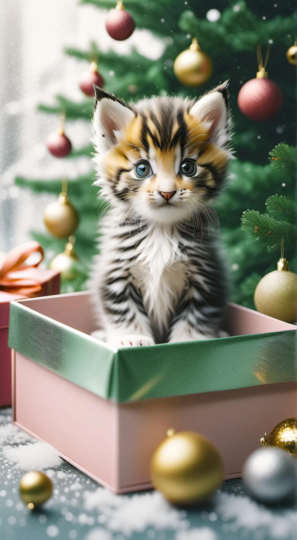 ai character: Christmas kitten  background