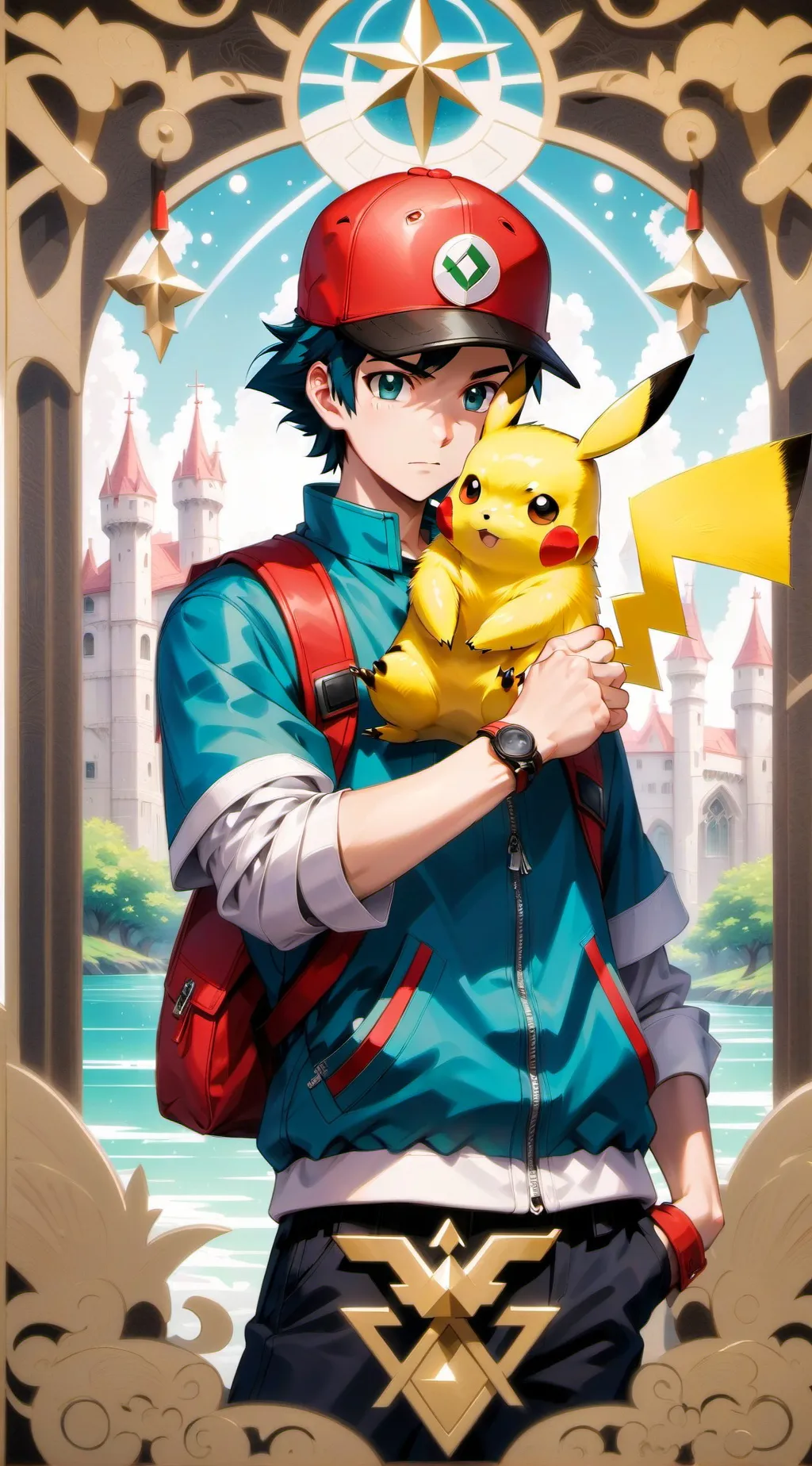 ai character: Ash and Pikachu background