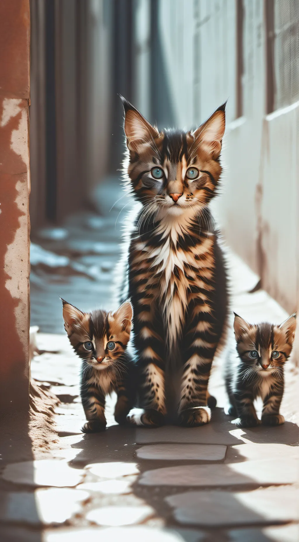 ai character: Mama cat+kittens background