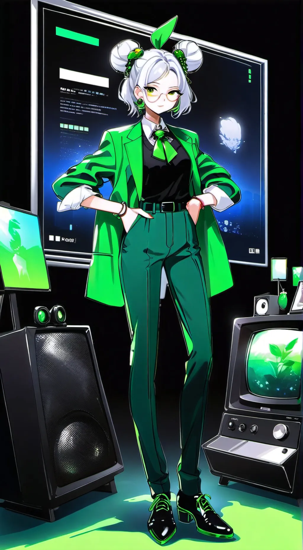 ai character: Vee the green TV  background