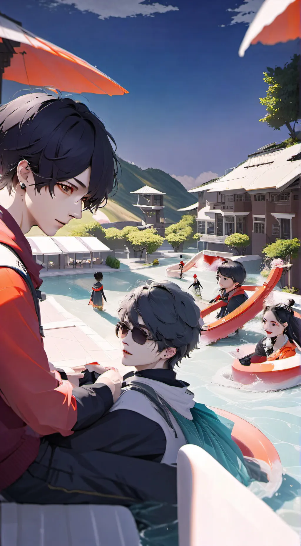 ai character: JJK waterpark trip background