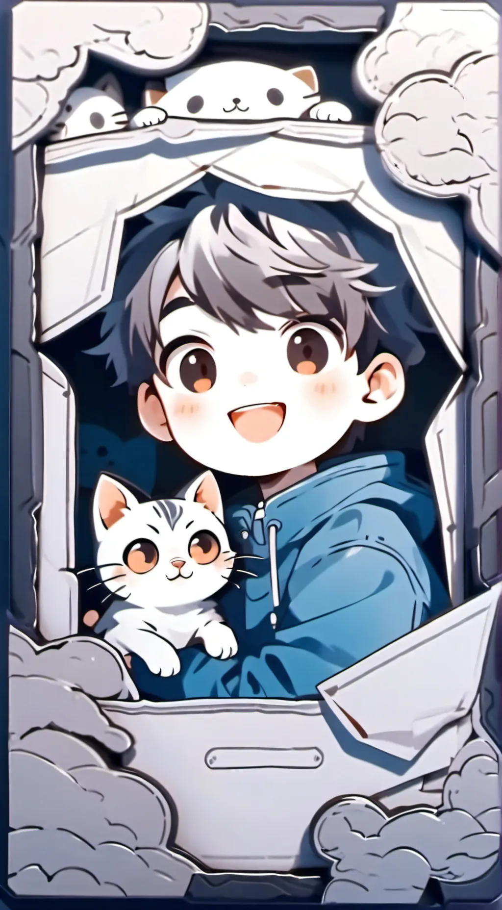 ai character: kid and cat in box background